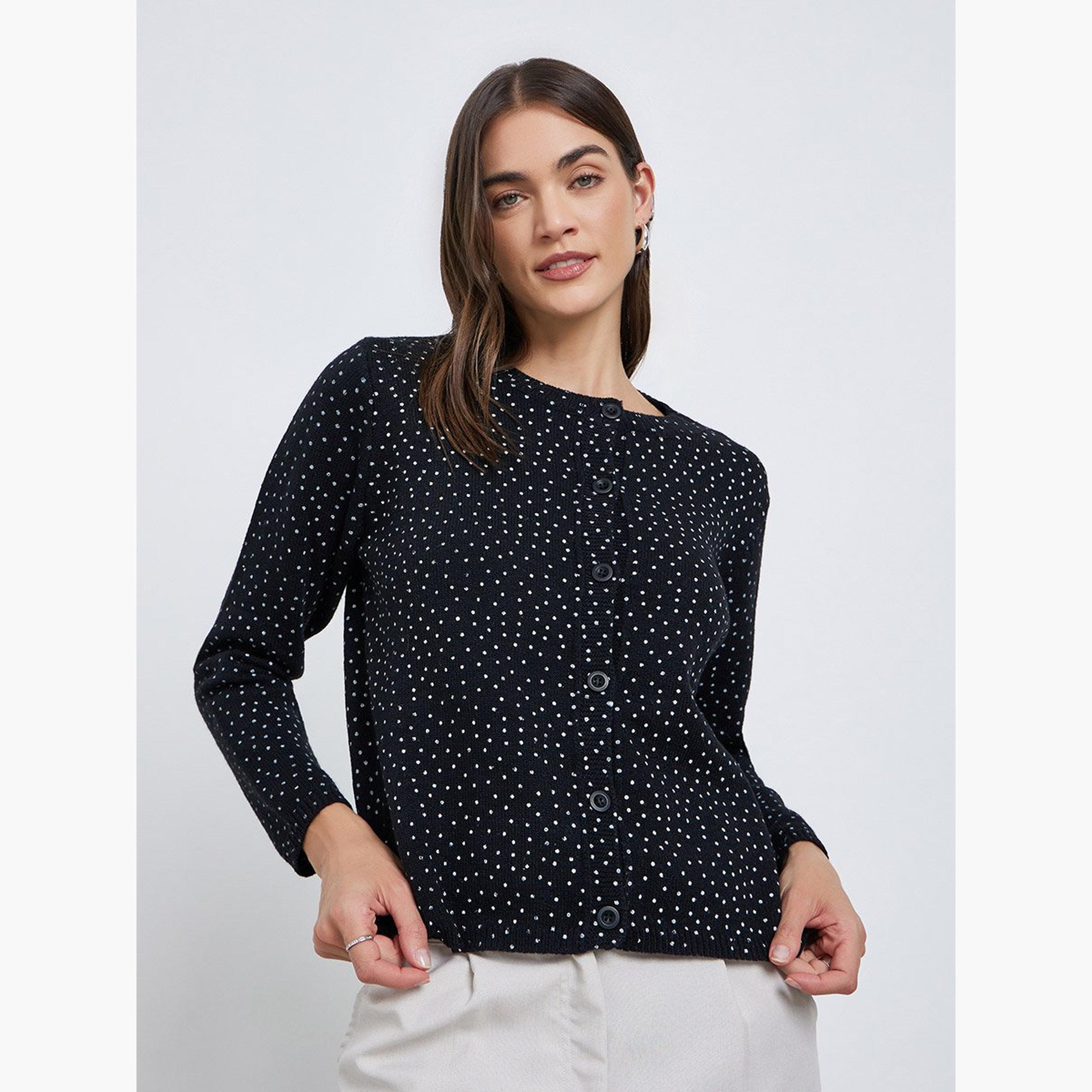 Styli Black Regular Fit Dotted Knit Cardigan-women-winterwear-cardigansandjumpers-cardigans-image-1