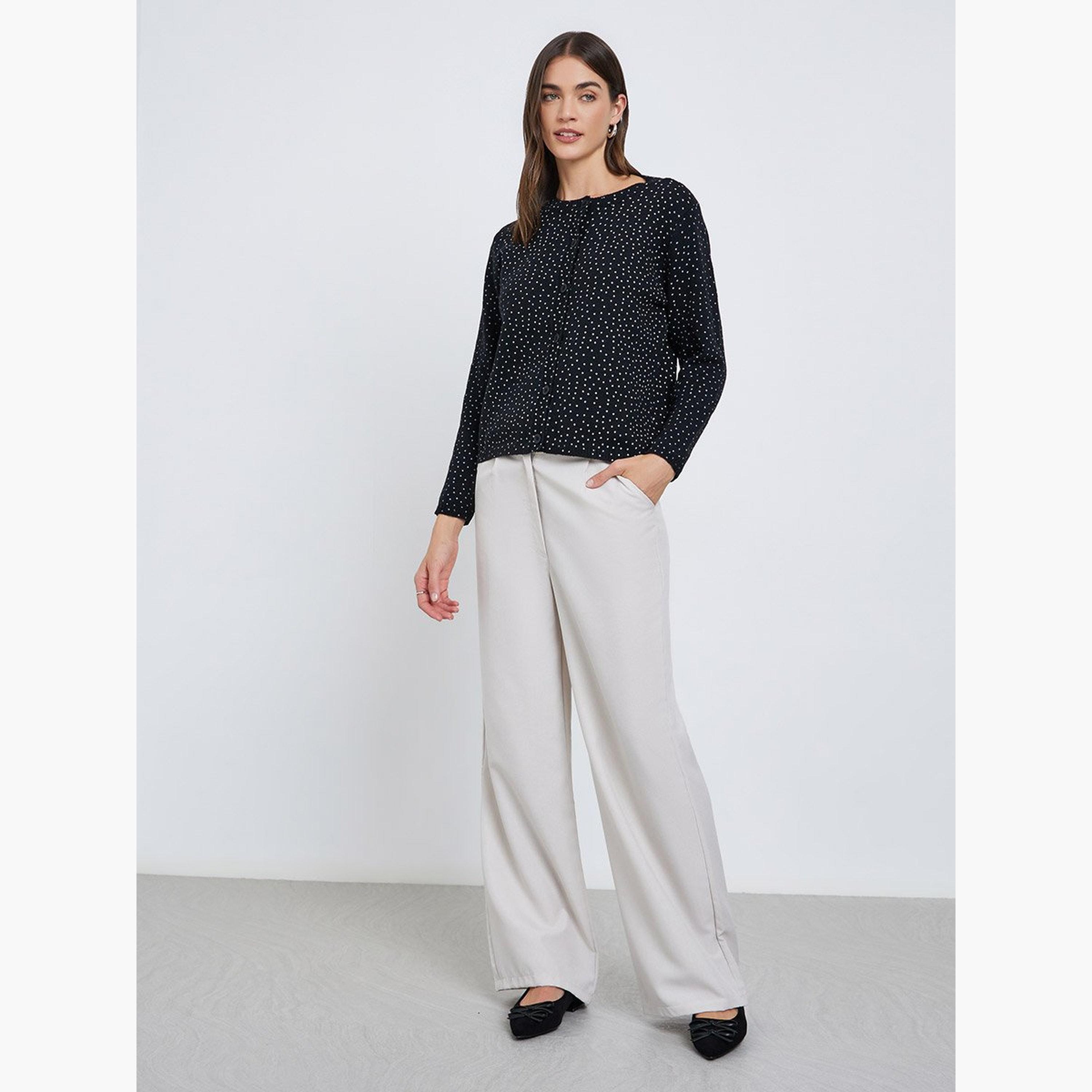 Styli Black Regular Fit Dotted Knit Cardigan-women-winterwear-cardigansandjumpers-cardigans-image-2