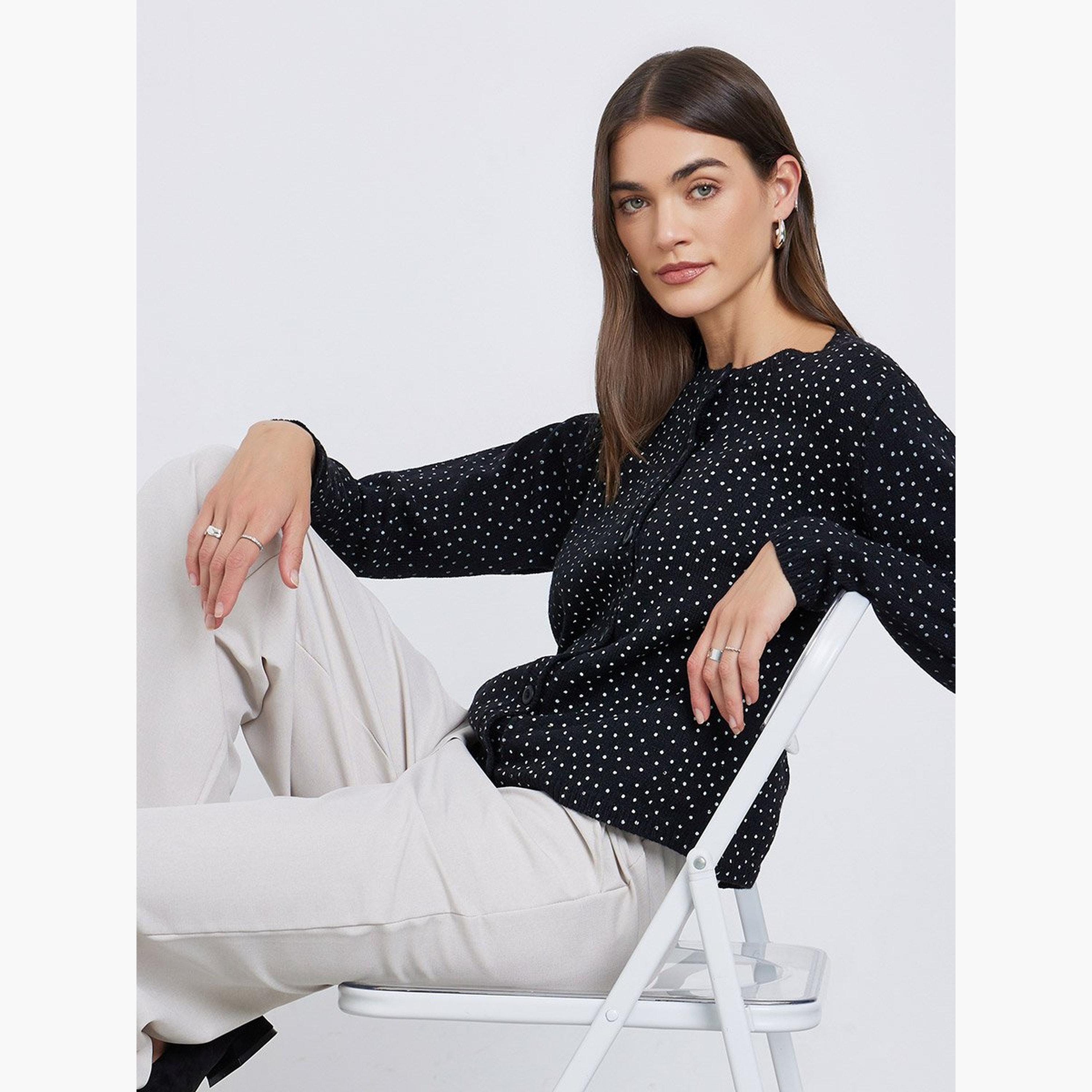 Styli Black Regular Fit Dotted Knit Cardigan-women-winterwear-cardigansandjumpers-cardigans-image-3