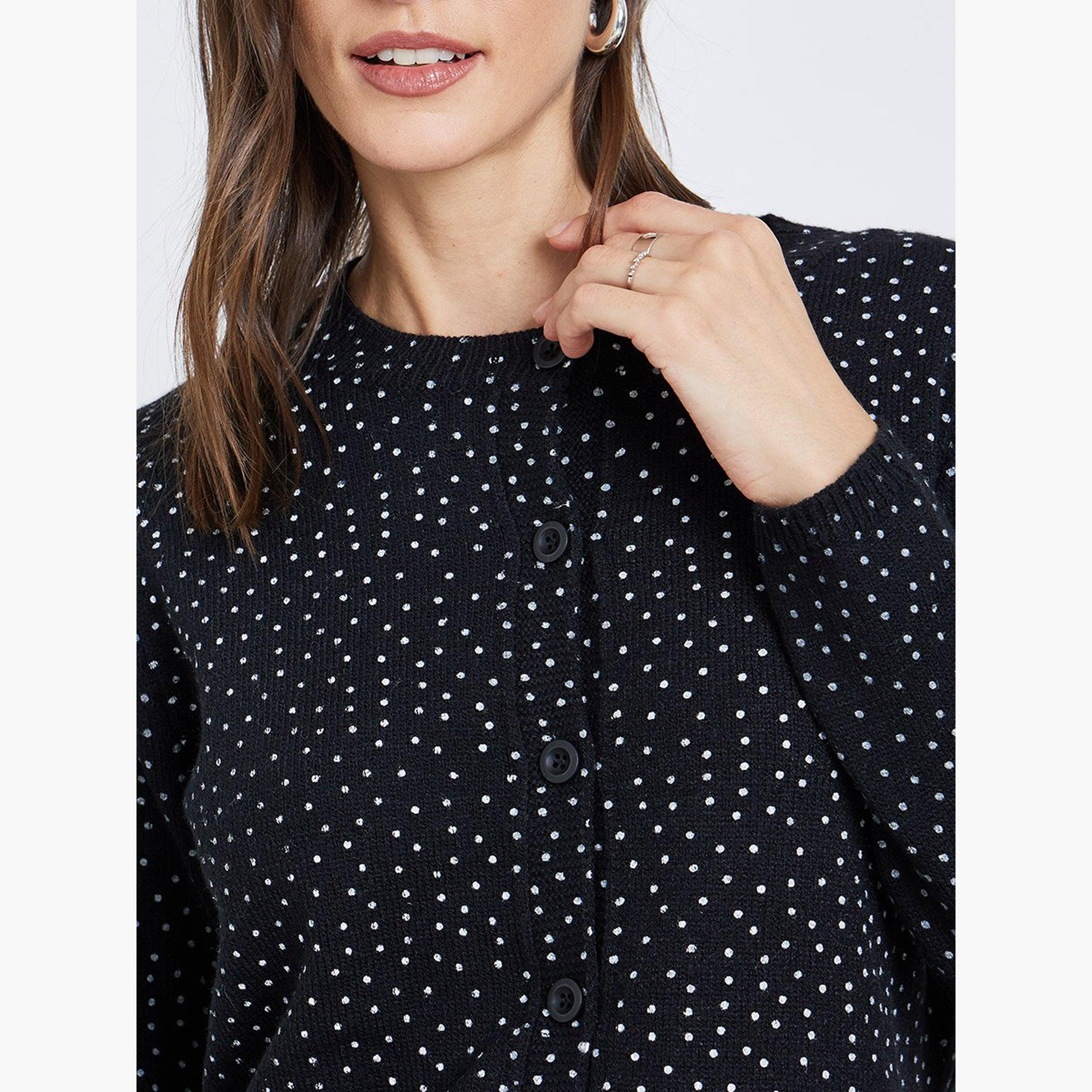 Styli Black Regular Fit Dotted Knit Cardigan-women-winterwear-cardigansandjumpers-cardigans-image-4
