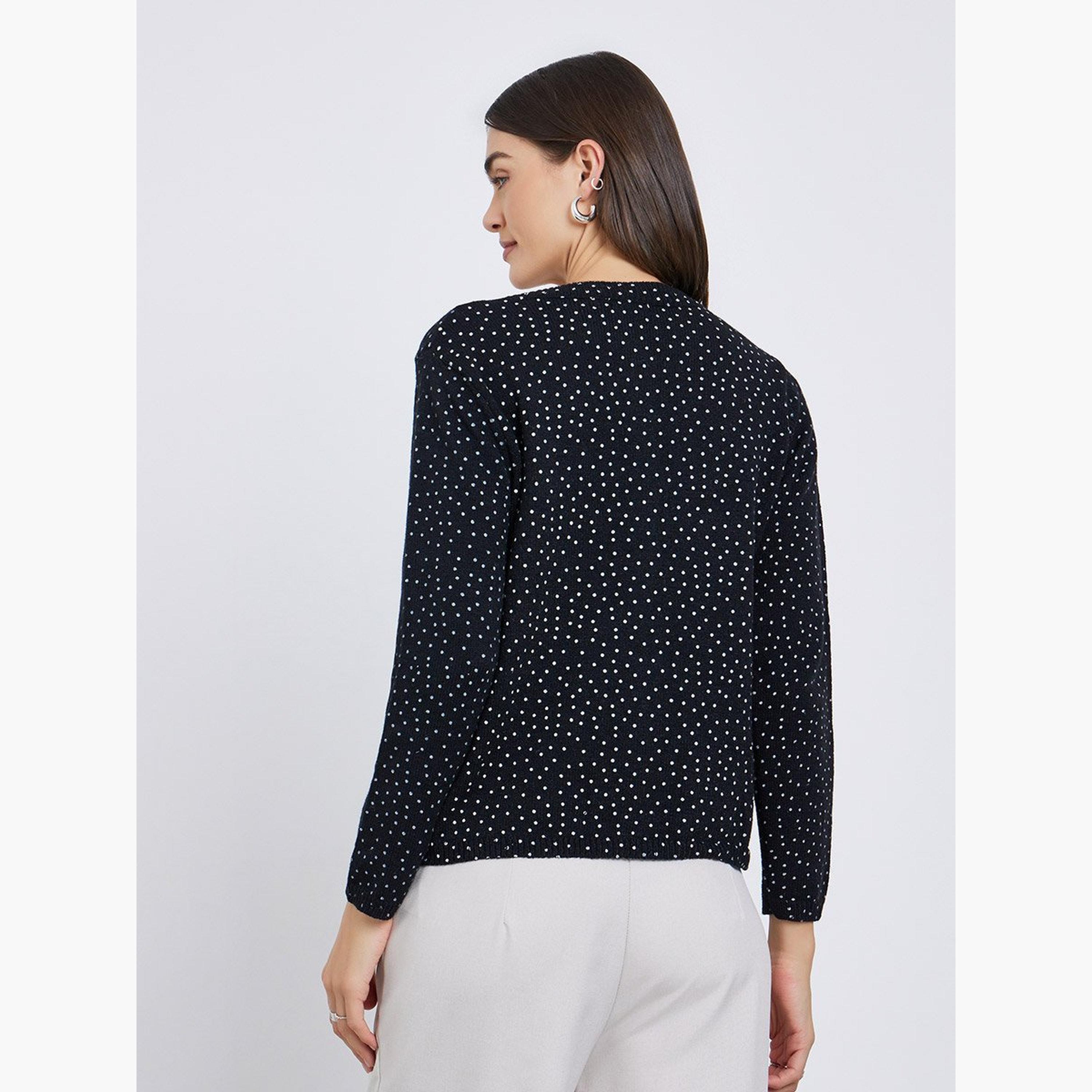 Styli Black Regular Fit Dotted Knit Cardigan-women-winterwear-cardigansandjumpers-cardigans-image-5