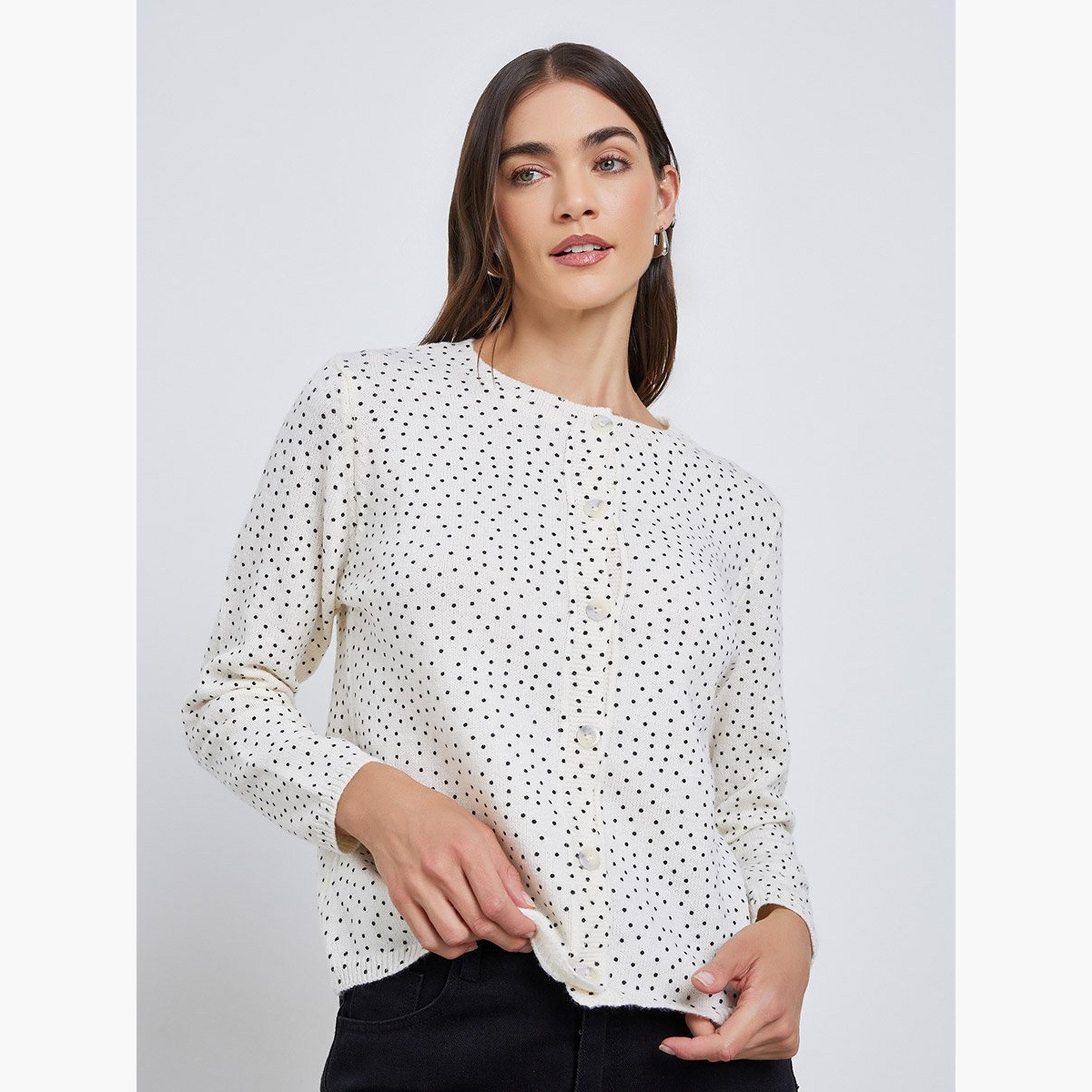 Styli Off White Regular Fit Dotted Knit Cardigan-women-winterwear-cardigansandjumpers-cardigans-image-1