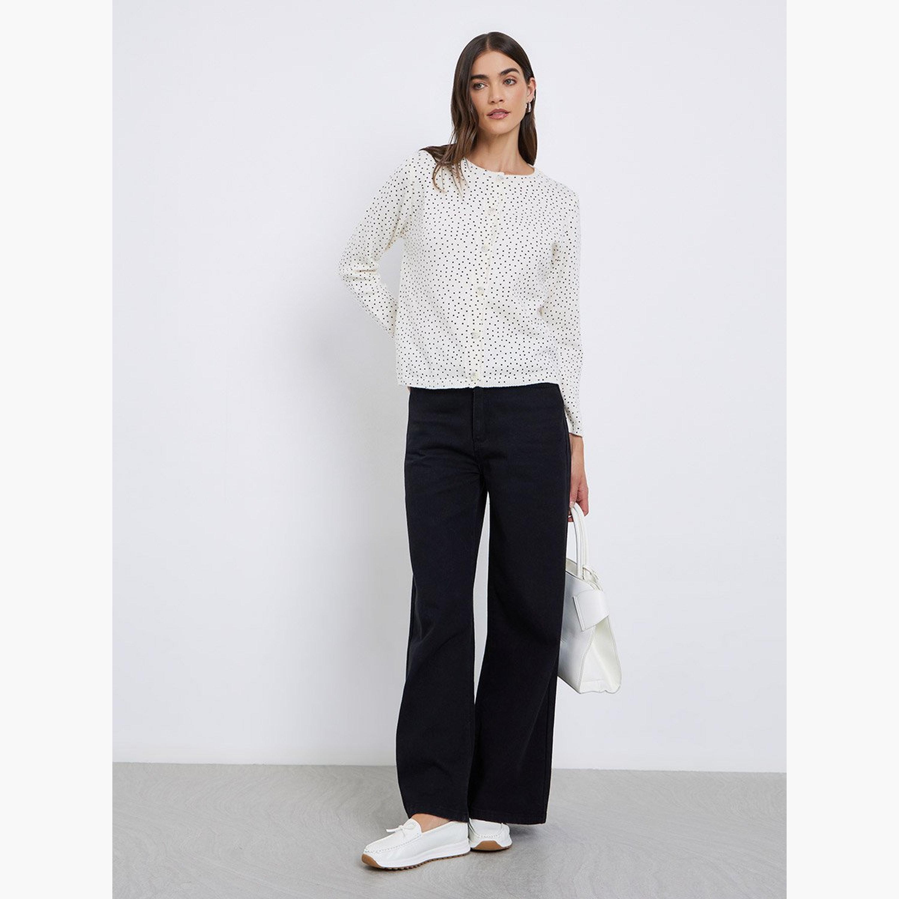 Styli Off White Regular Fit Dotted Knit Cardigan-women-winterwear-cardigansandjumpers-cardigans-image-2