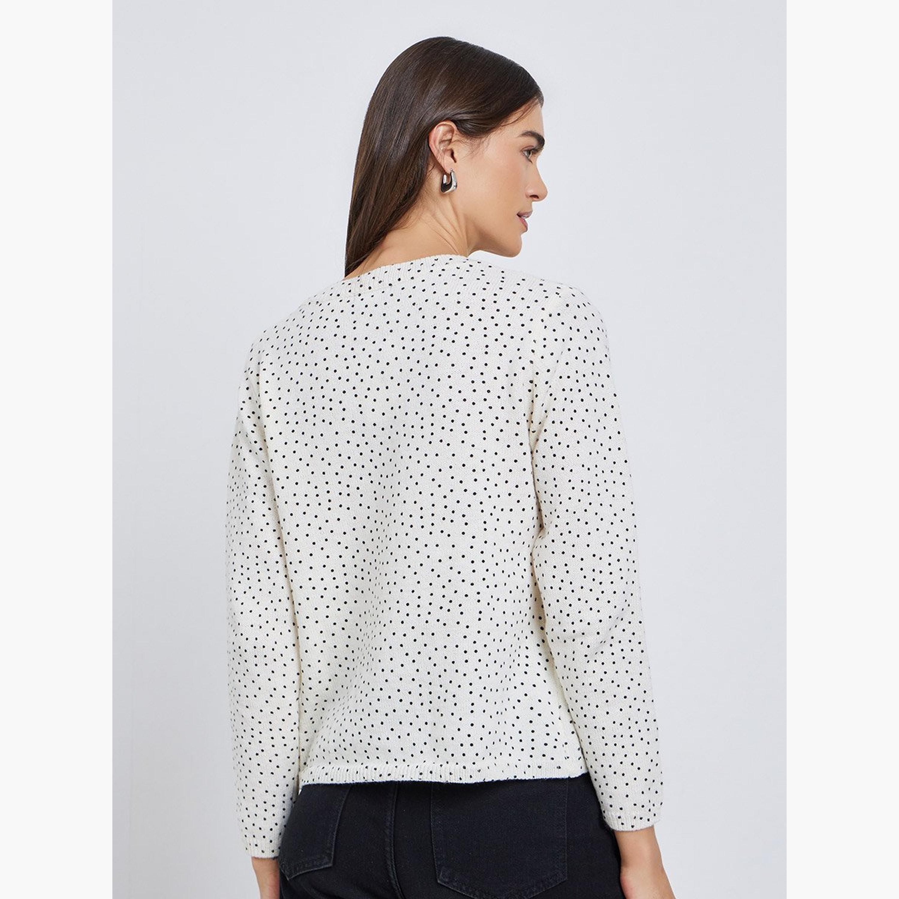 Styli Off White Regular Fit Dotted Knit Cardigan-women-winterwear-cardigansandjumpers-cardigans-image-5