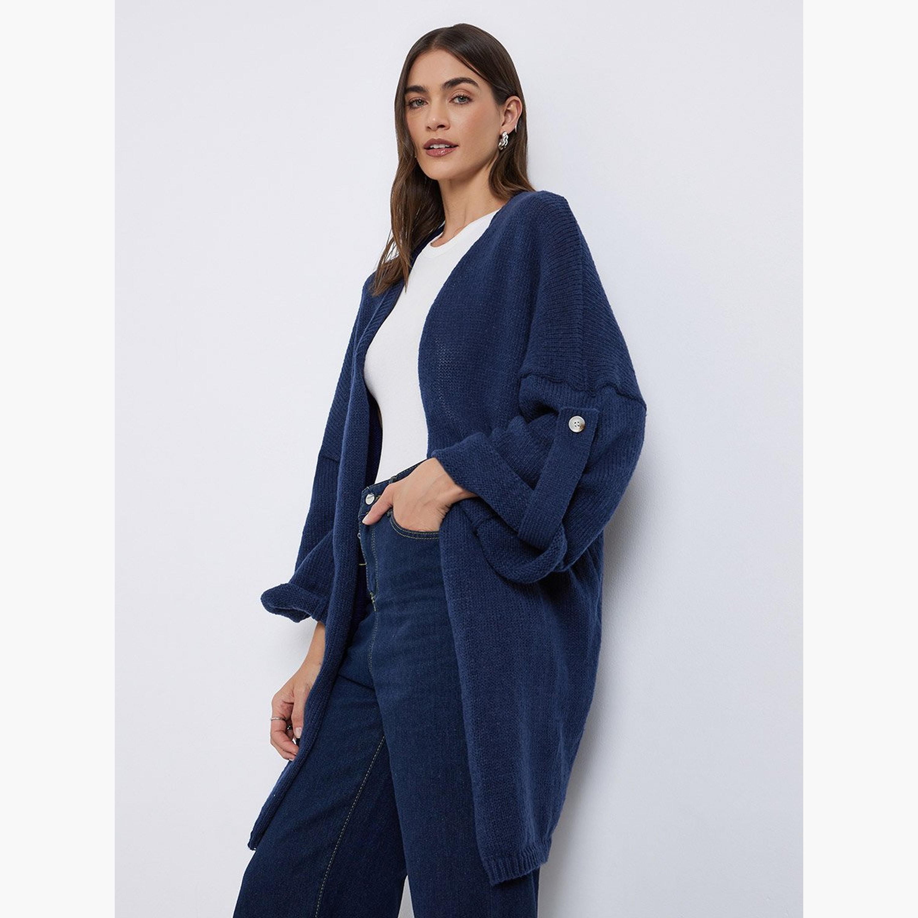 Styli Navy Brushed Yarn Longline Cardigan-women-winterwear-cardigansandjumpers-cardigans-image-1