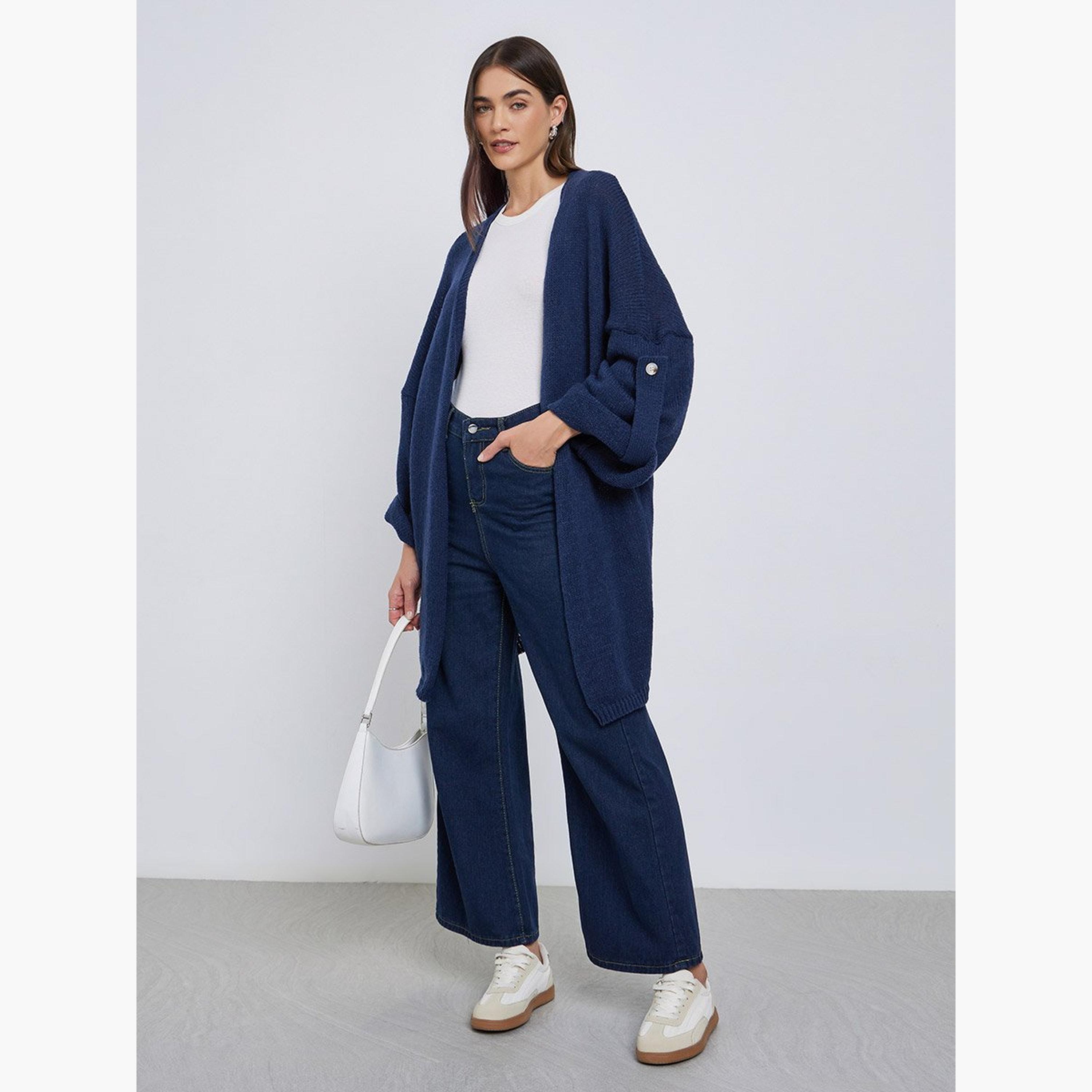 Styli Navy Brushed Yarn Longline Cardigan-women-winterwear-cardigansandjumpers-cardigans-image-2