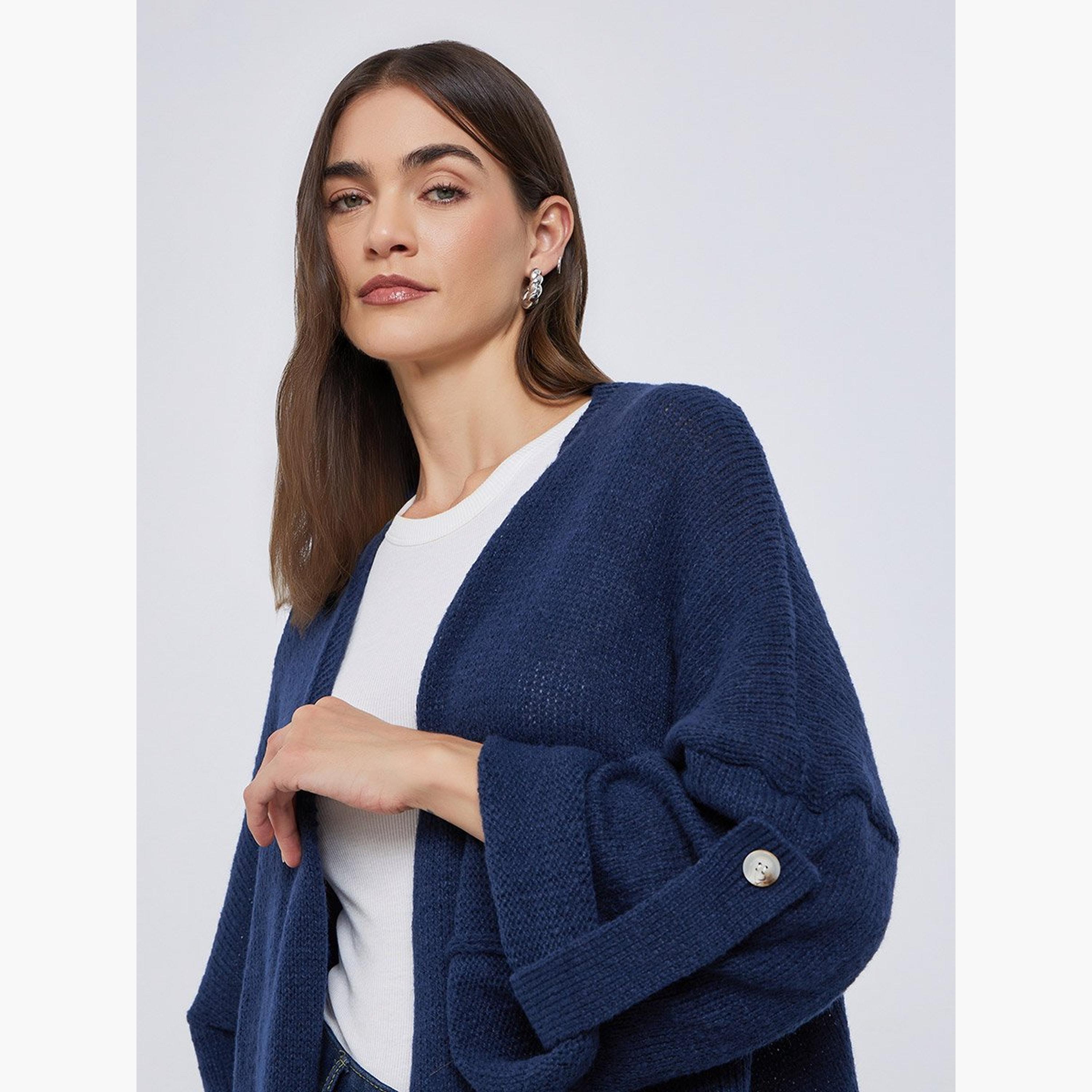 Styli Navy Brushed Yarn Longline Cardigan-women-winterwear-cardigansandjumpers-cardigans-image-3
