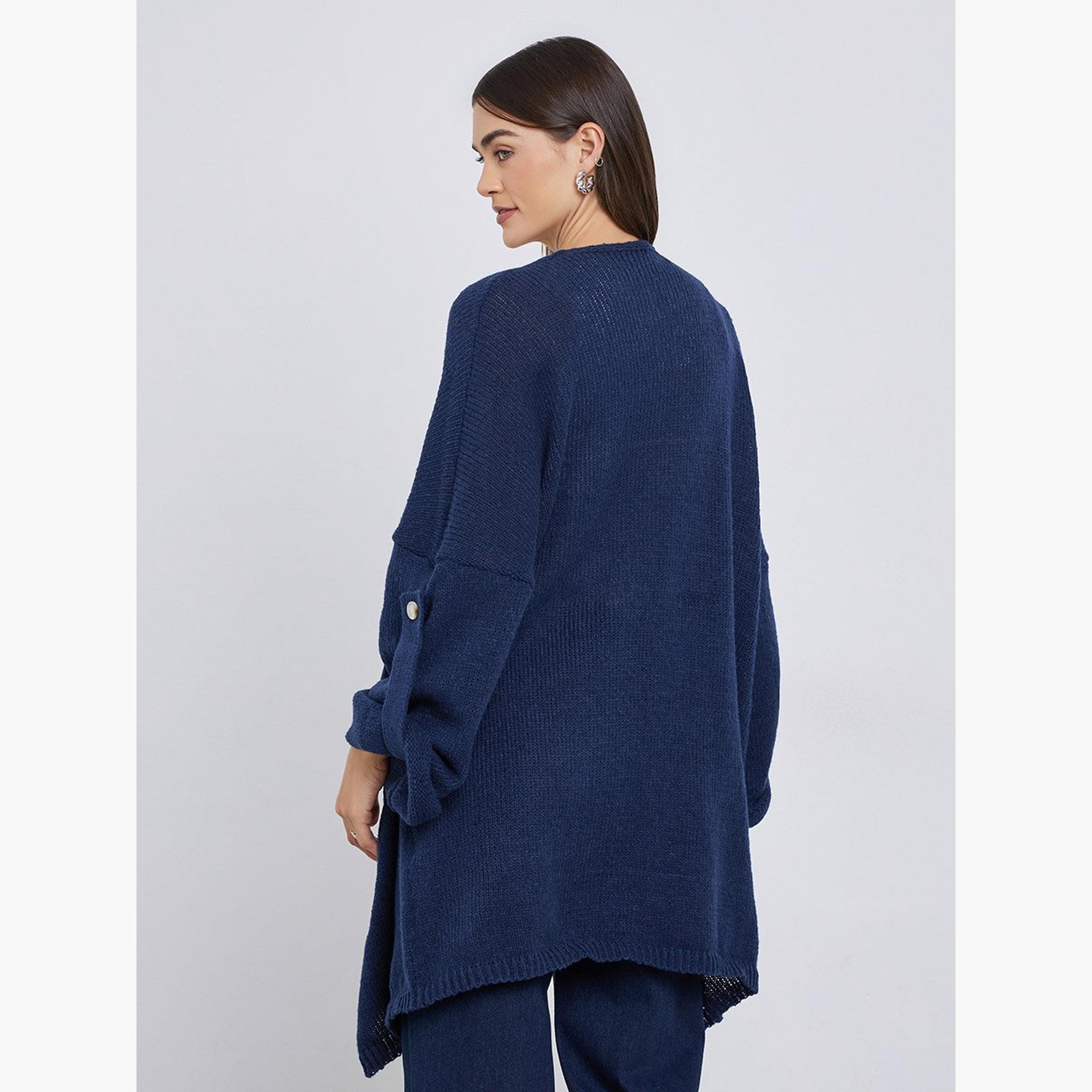 Styli Navy Brushed Yarn Longline Cardigan-women-winterwear-cardigansandjumpers-cardigans-image-4