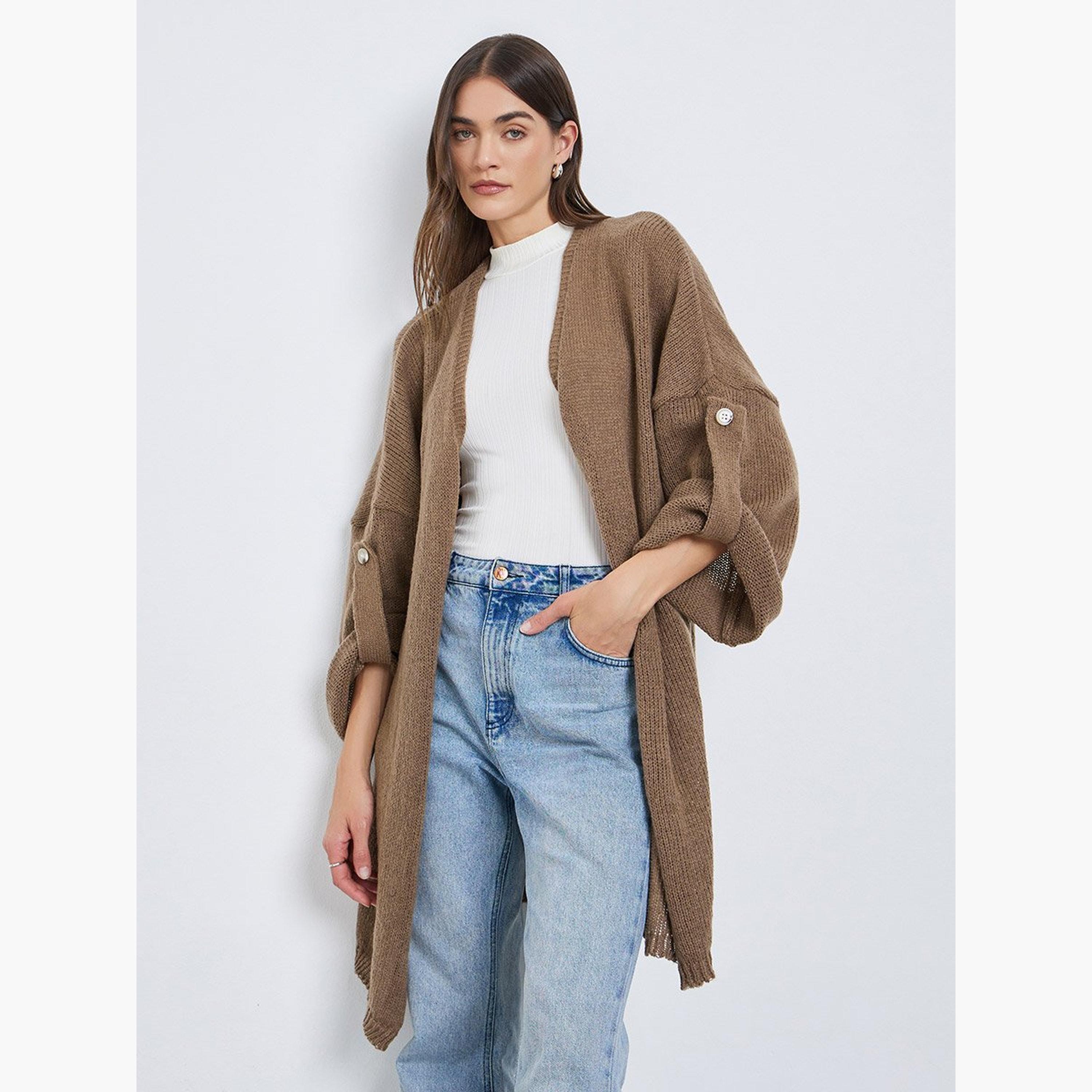 Styli Tan Brushed Yarn Longline Cardigan-women-winterwear-cardigansandjumpers-cardigans-image-1