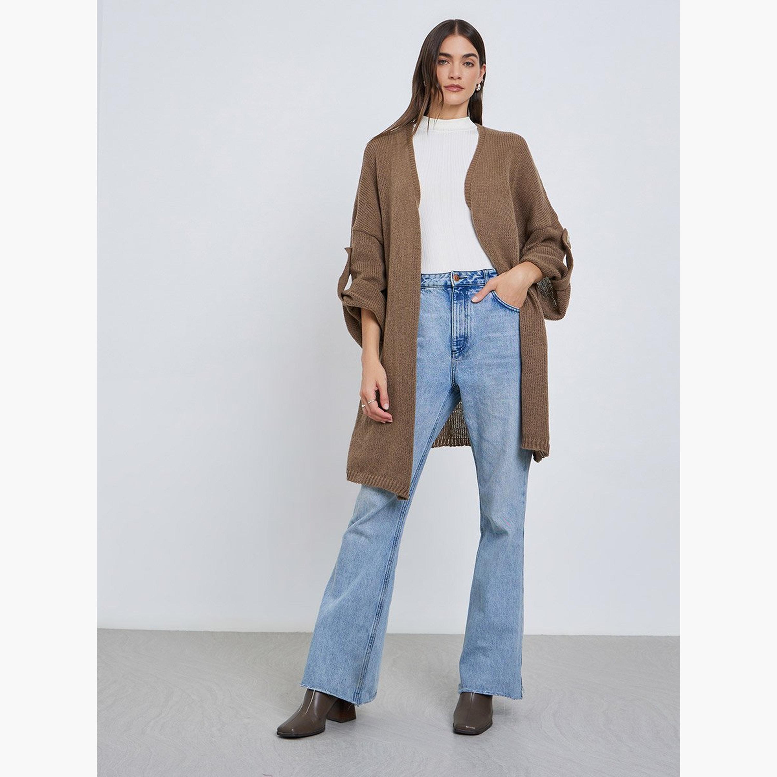 Styli Tan Brushed Yarn Longline Cardigan-women-winterwear-cardigansandjumpers-cardigans-image-2
