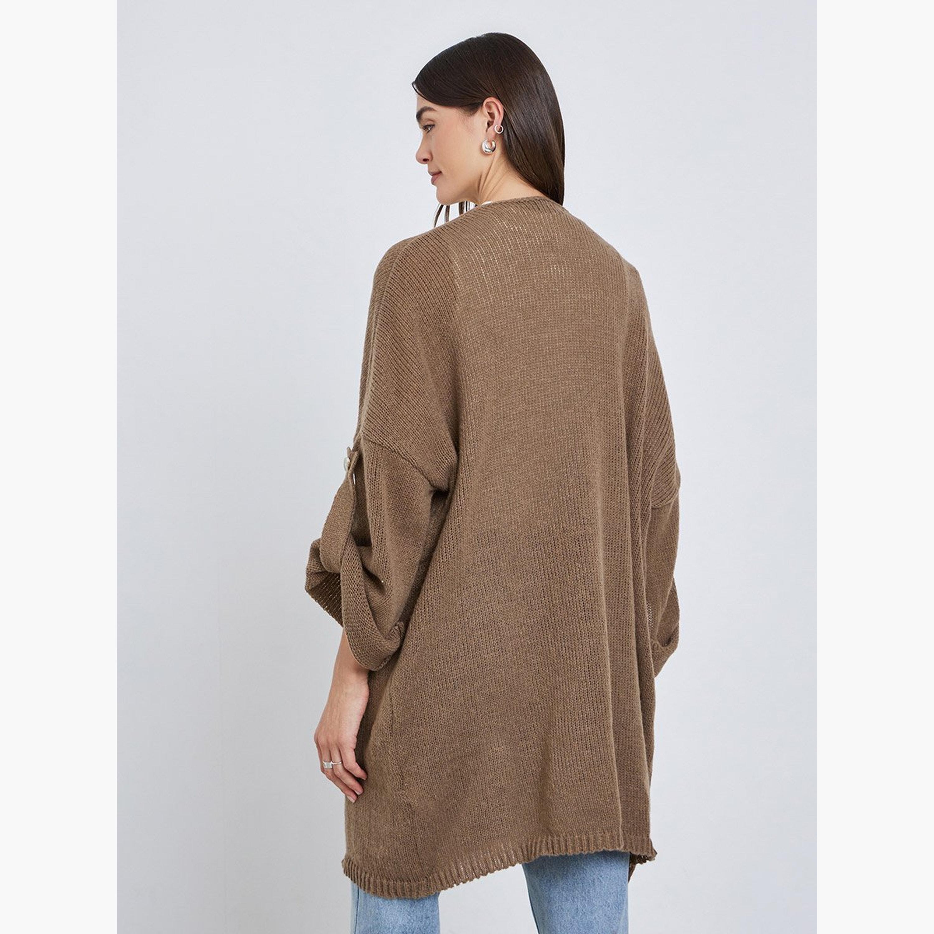 Styli Tan Brushed Yarn Longline Cardigan-women-winterwear-cardigansandjumpers-cardigans-image-4