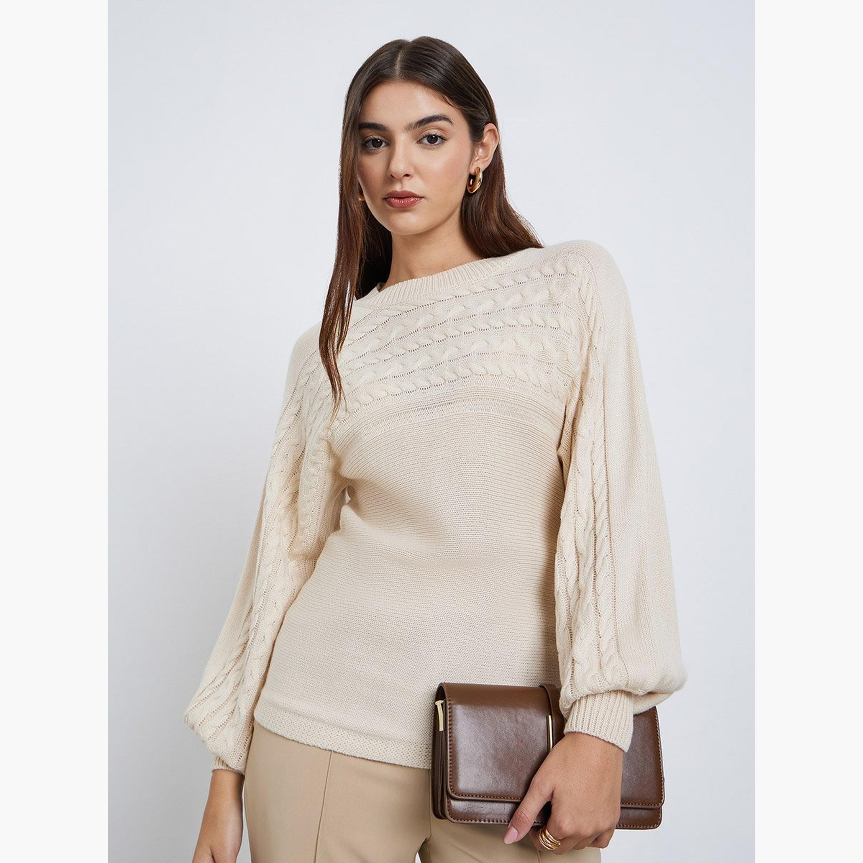 Styli Cream Balloon Sleeve Cable Knit Sweater-women-winterwear-cardigansandjumpers-jumpers-image-1