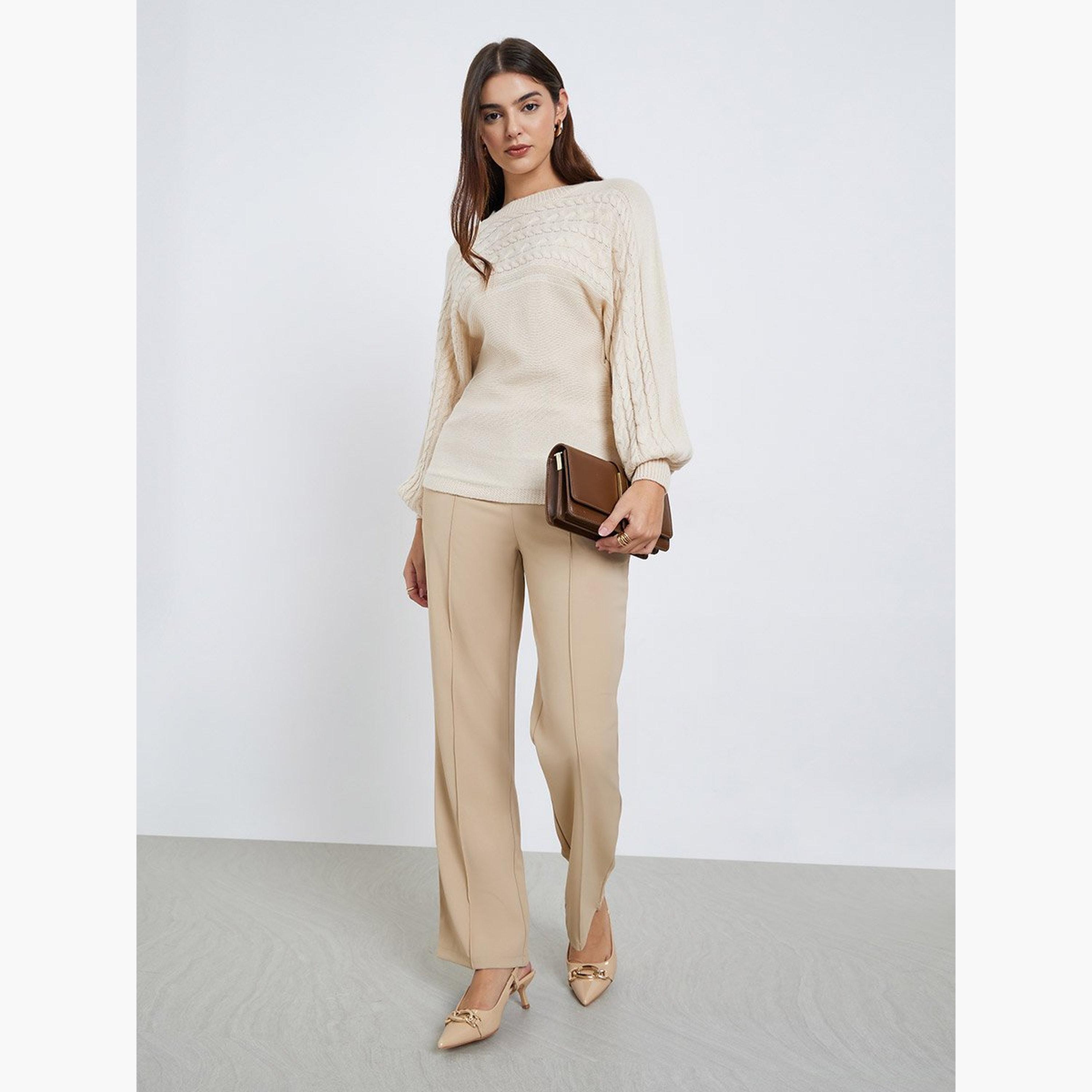 Styli Cream Balloon Sleeve Cable Knit Sweater-women-winterwear-cardigansandjumpers-jumpers-image-2