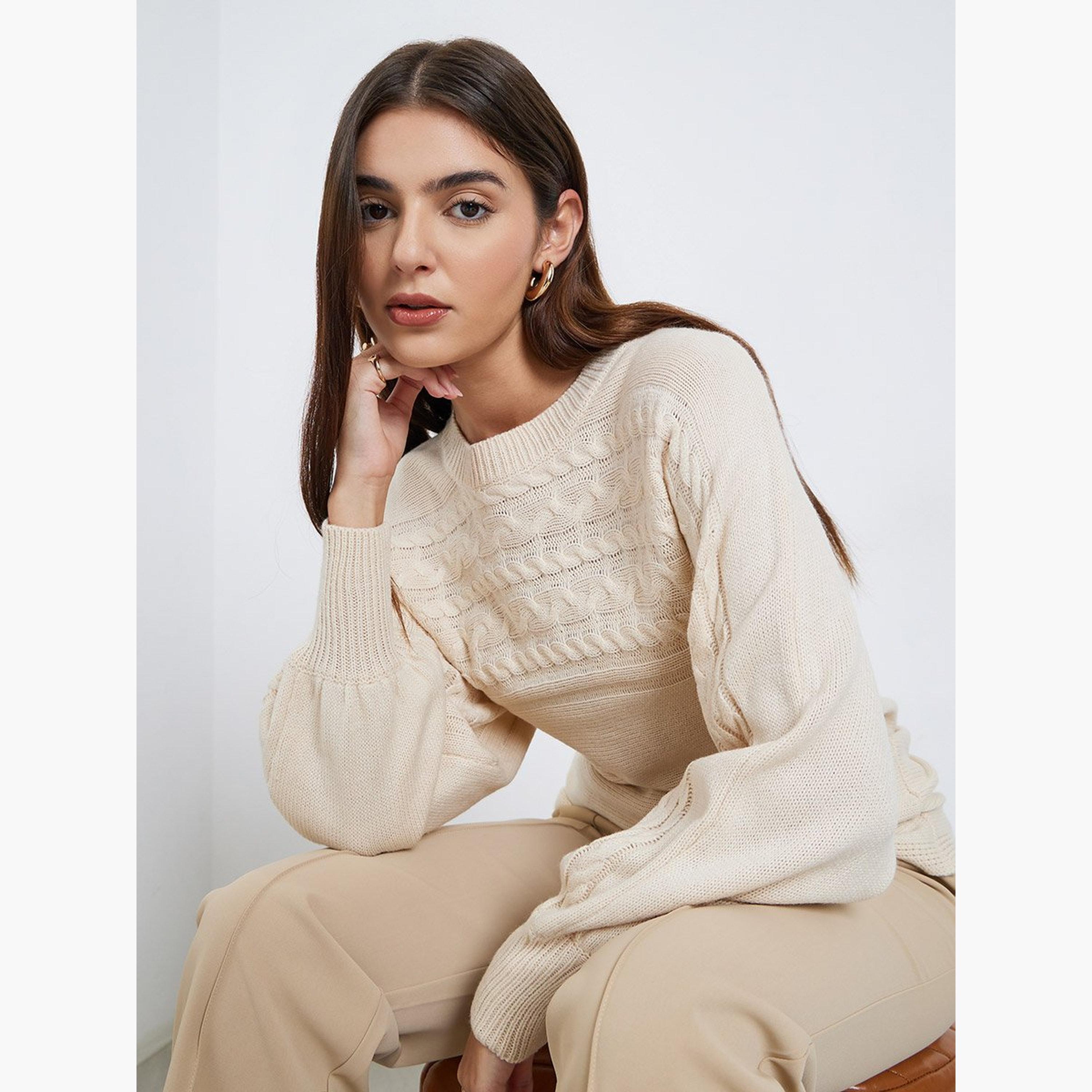 ستايلي - سترة محبوكة بأكمام منفوخة لون كريمي-women-winterwear-cardigansandjumpers-jumpers-image-3
