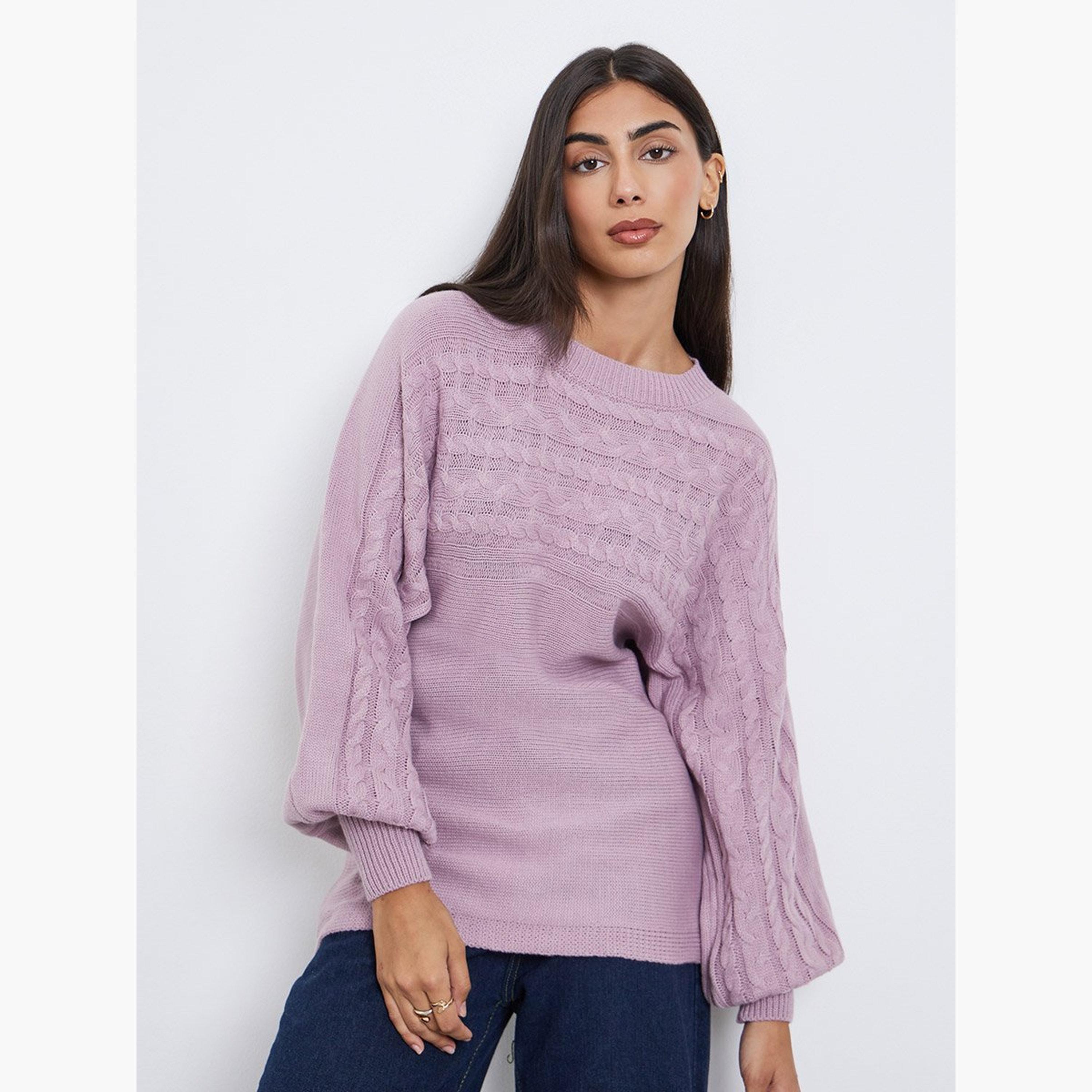 ستايلي - سترة صوفية محبوكة بأكمام منفوخة أرجوانية-women-winterwear-cardigansandjumpers-jumpers-image-1