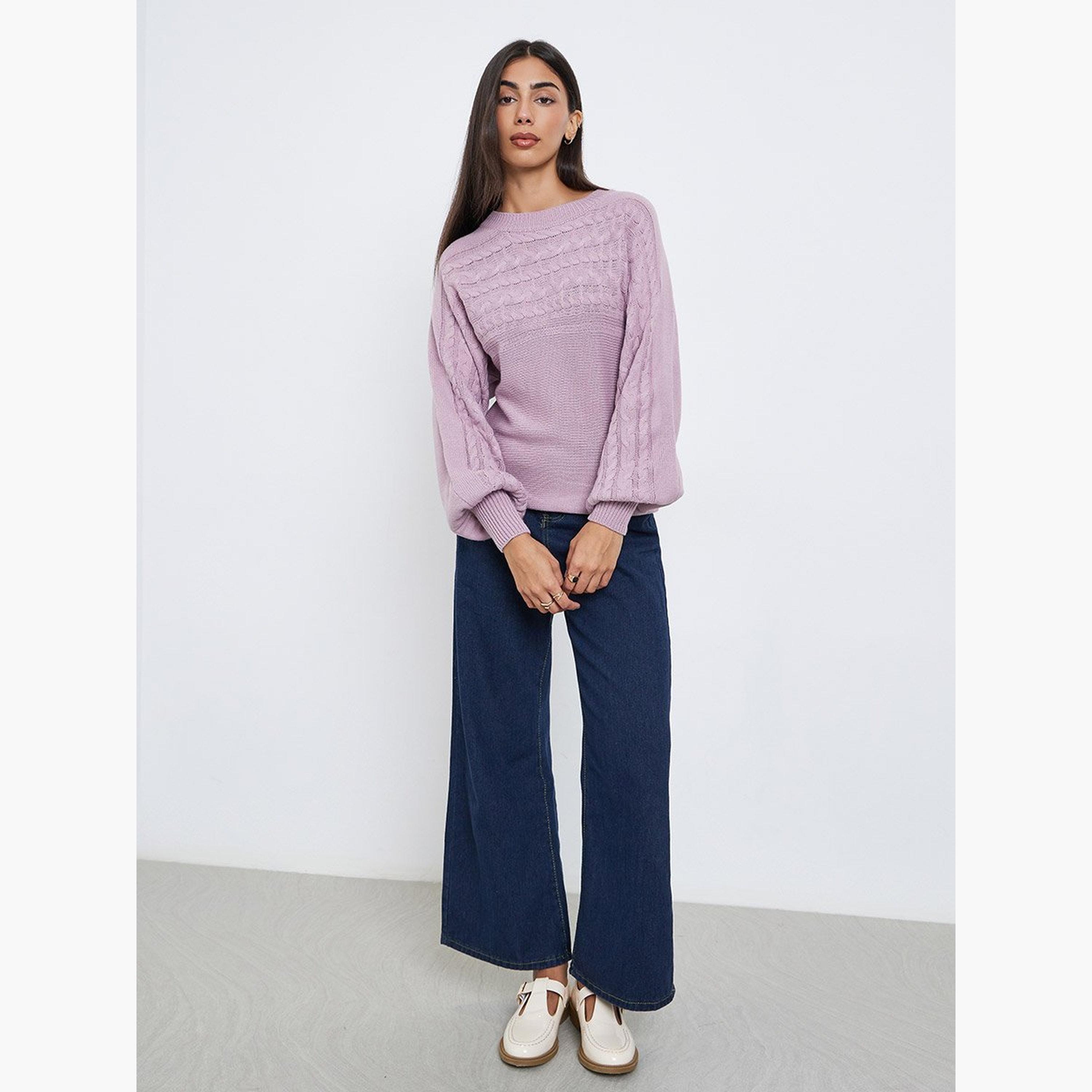 Styli Lilac Balloon Sleeve Cable Knit Sweater-women-winterwear-cardigansandjumpers-jumpers-image-2