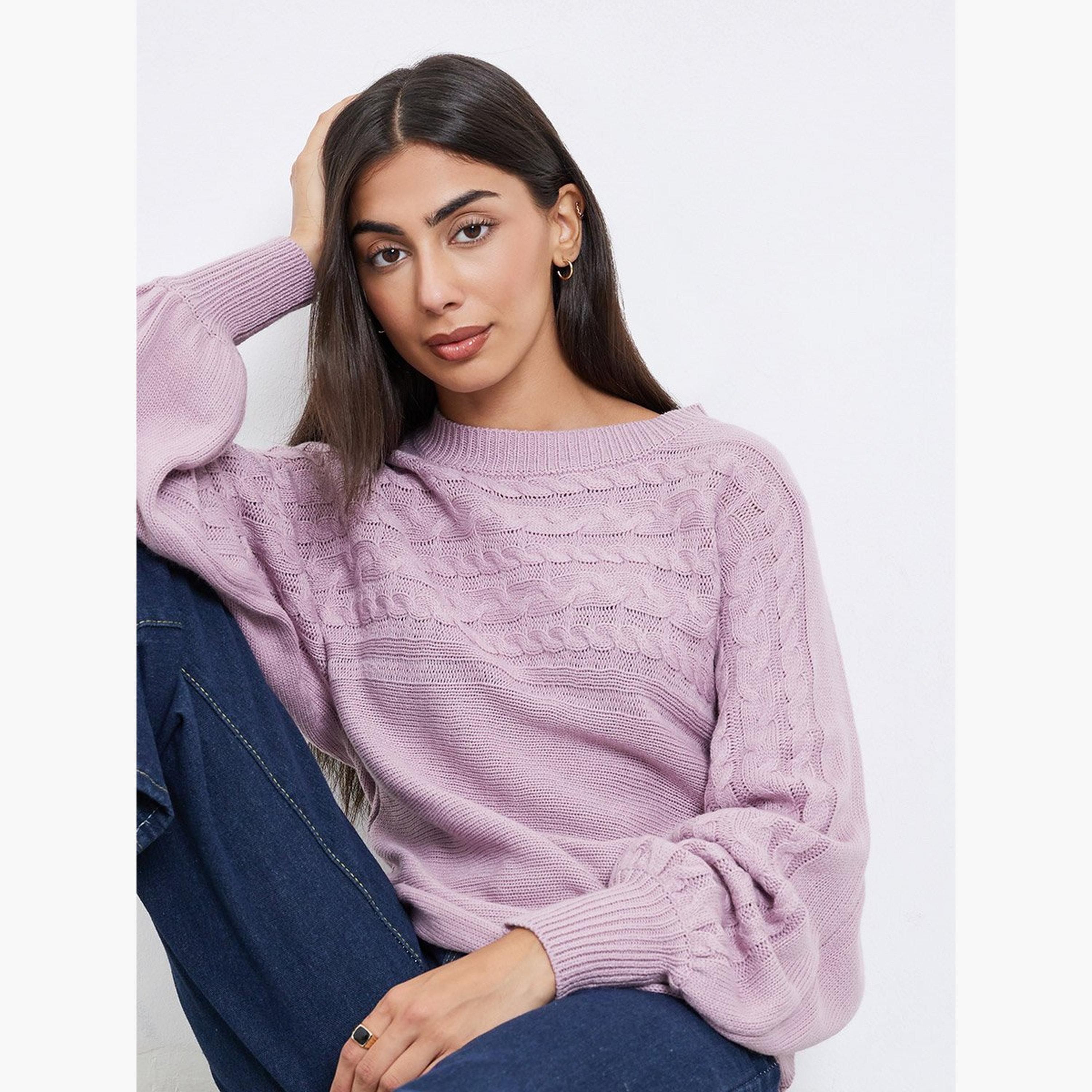 Styli Lilac Balloon Sleeve Cable Knit Sweater-women-winterwear-cardigansandjumpers-jumpers-image-3