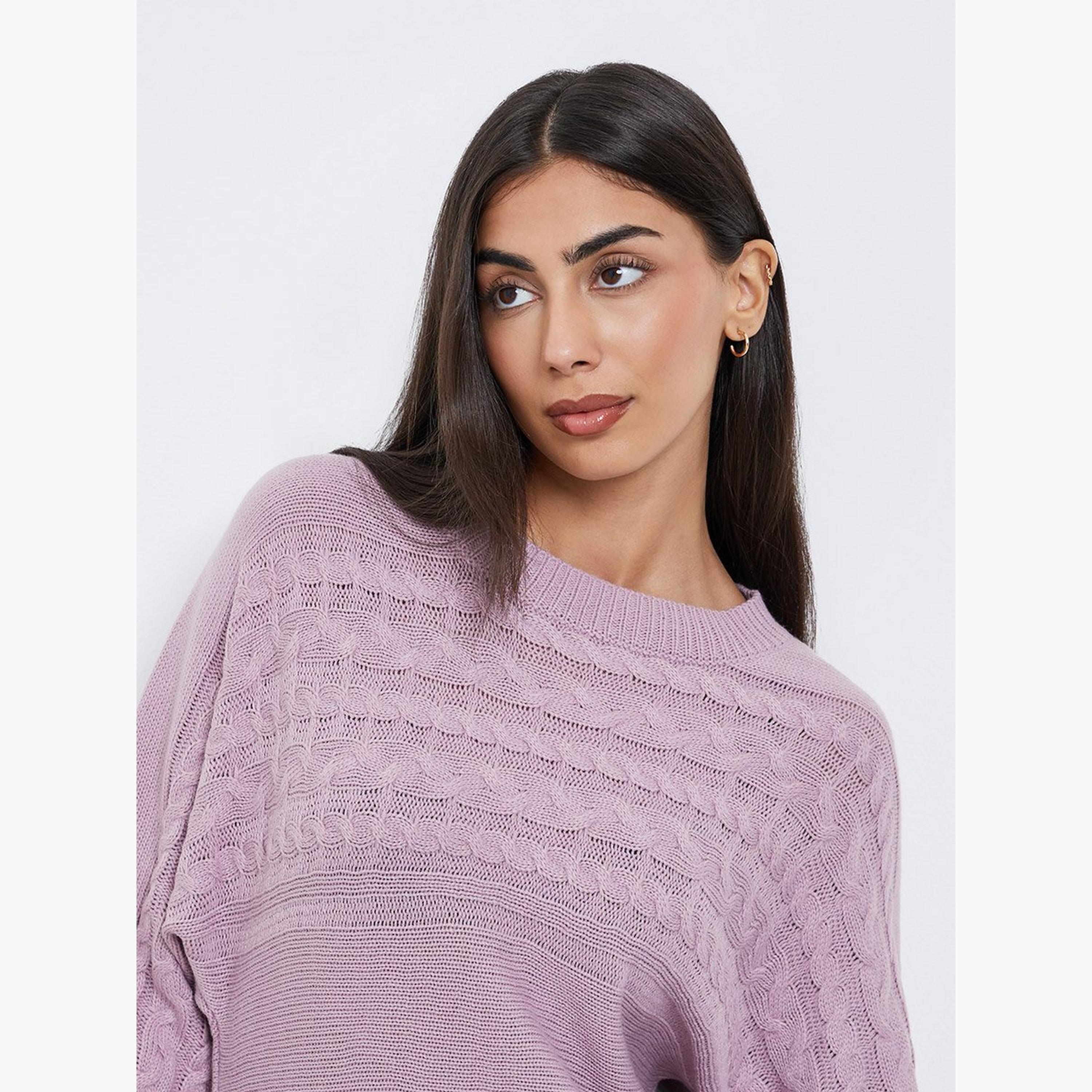 Styli Lilac Balloon Sleeve Cable Knit Sweater-women-winterwear-cardigansandjumpers-jumpers-image-4