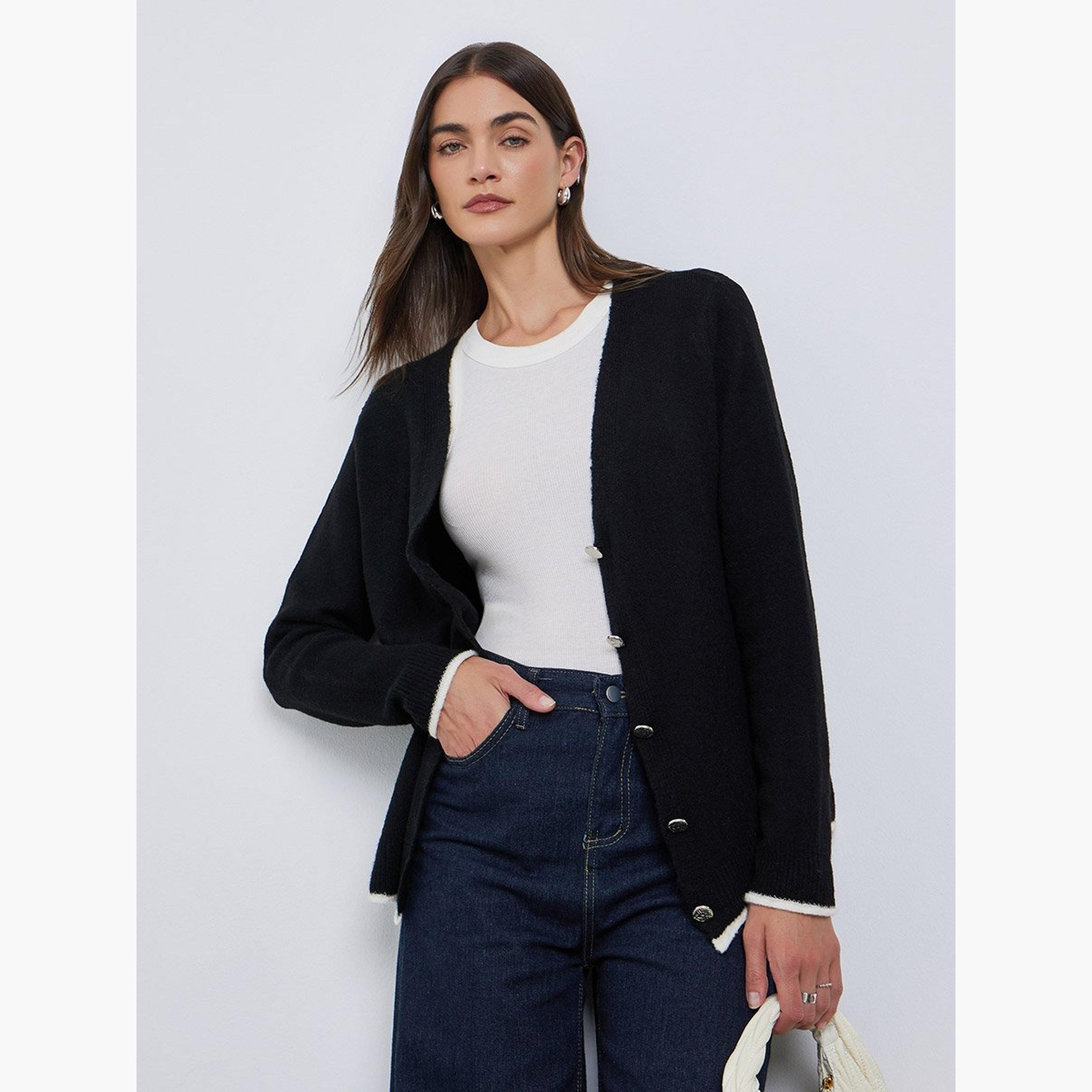 Styli Black Regular Fit Buttoned Knit Cardigan-women-winterwear-cardigansandjumpers-cardigans-image-1
