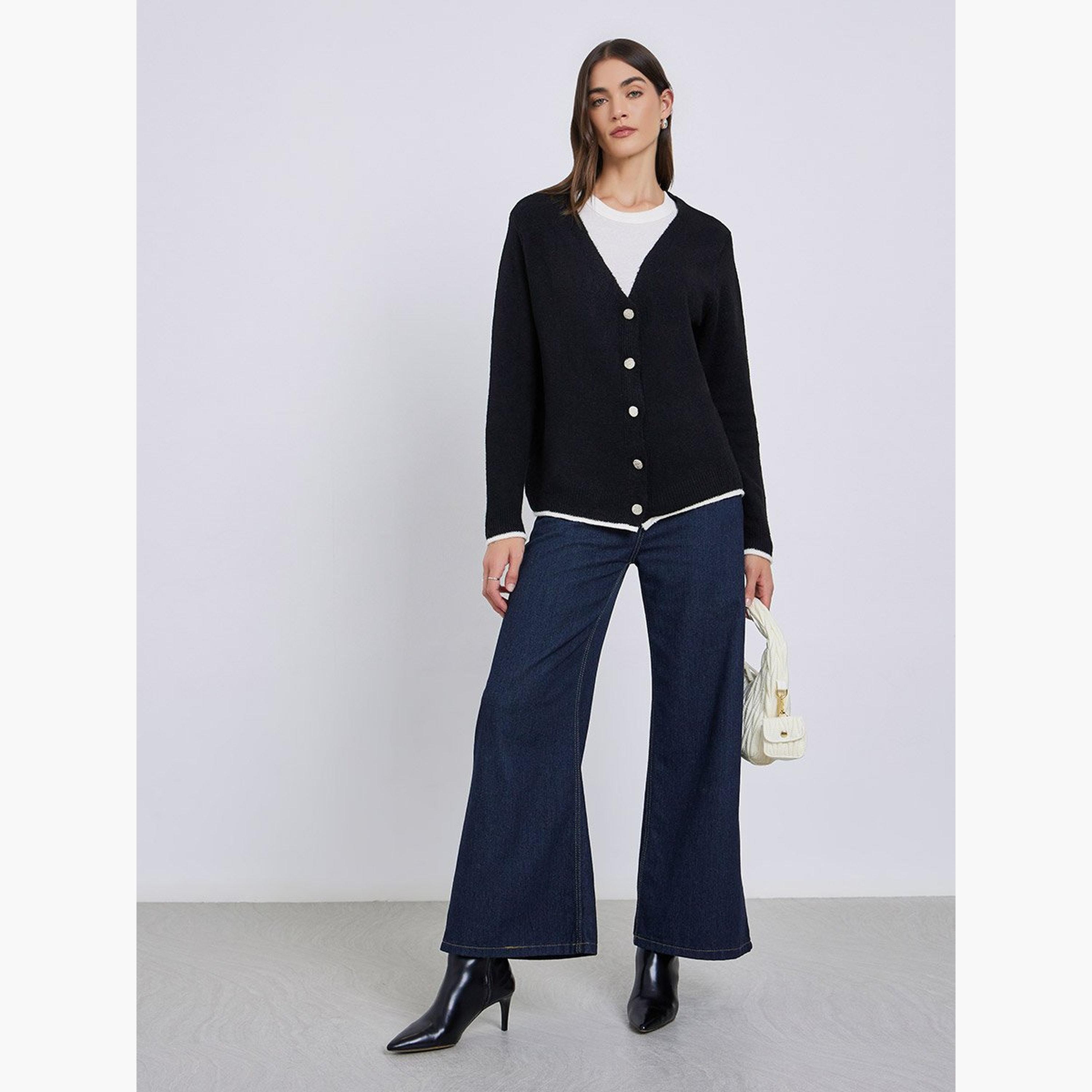 Styli Black Regular Fit Buttoned Knit Cardigan-women-winterwear-cardigansandjumpers-cardigans-image-2