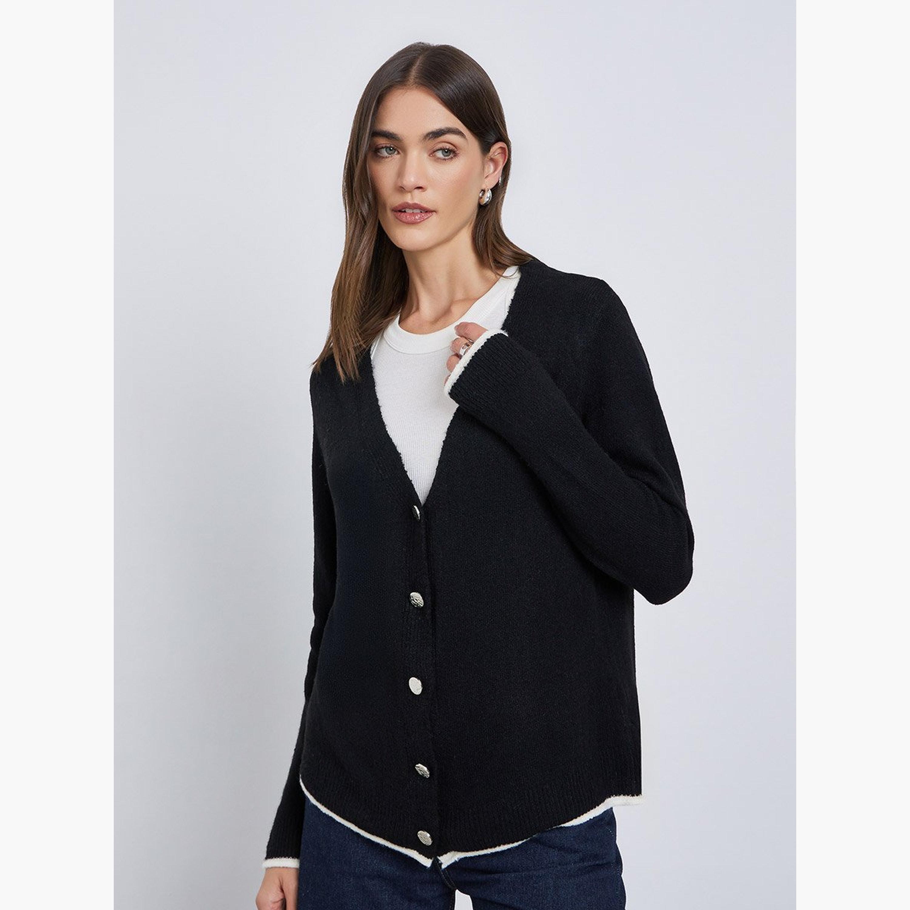 Styli Black Regular Fit Buttoned Knit Cardigan-women-winterwear-cardigansandjumpers-cardigans-image-3