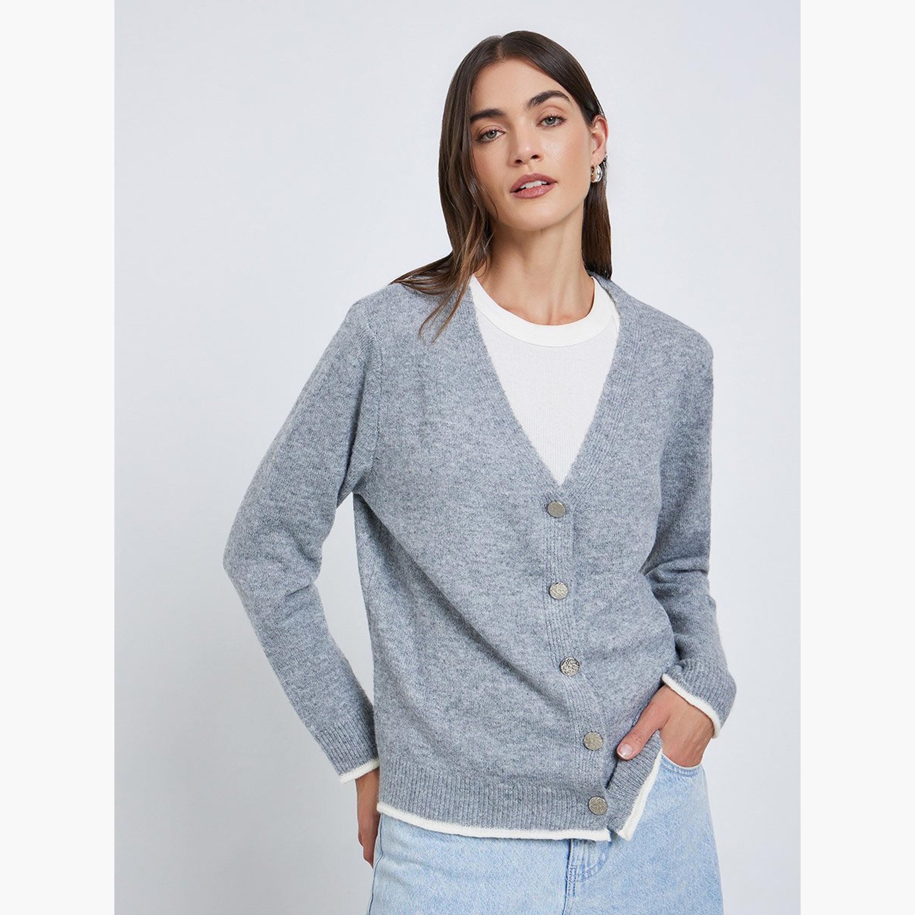 Styli Grey Regular Fit Buttoned Knit Cardigan-women-winterwear-cardigansandjumpers-cardigans-image-1
