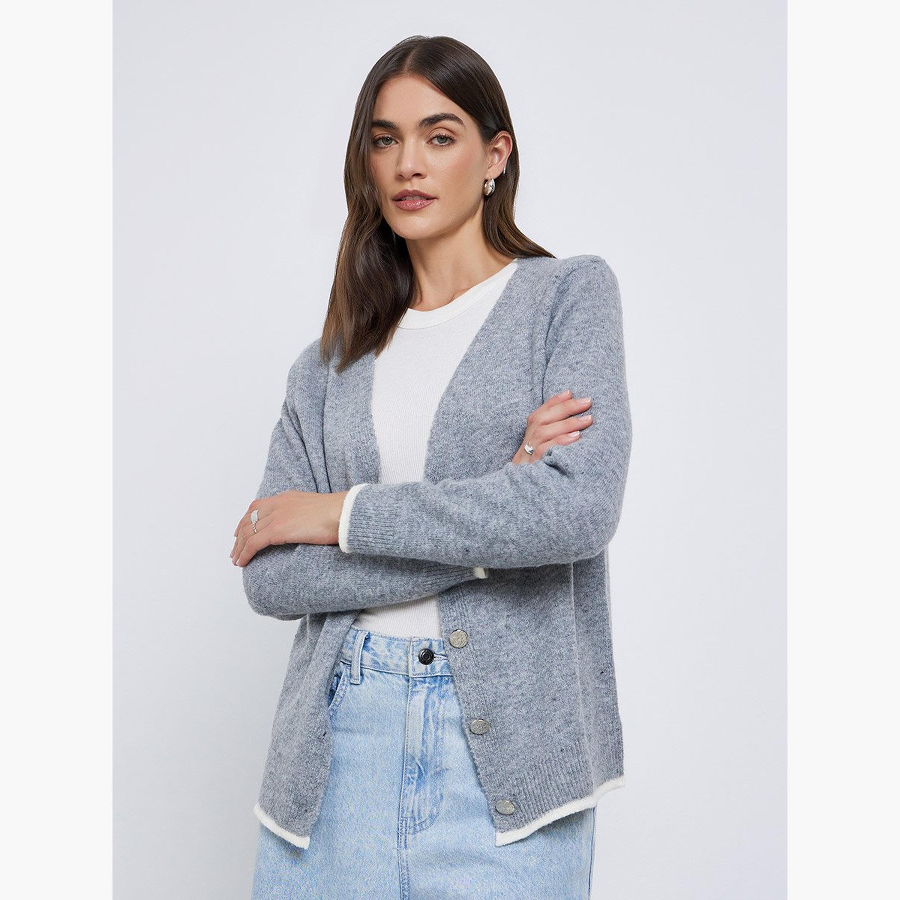Styli Grey Regular Fit Buttoned Knit Cardigan-women-winterwear-cardigansandjumpers-cardigans-image-3