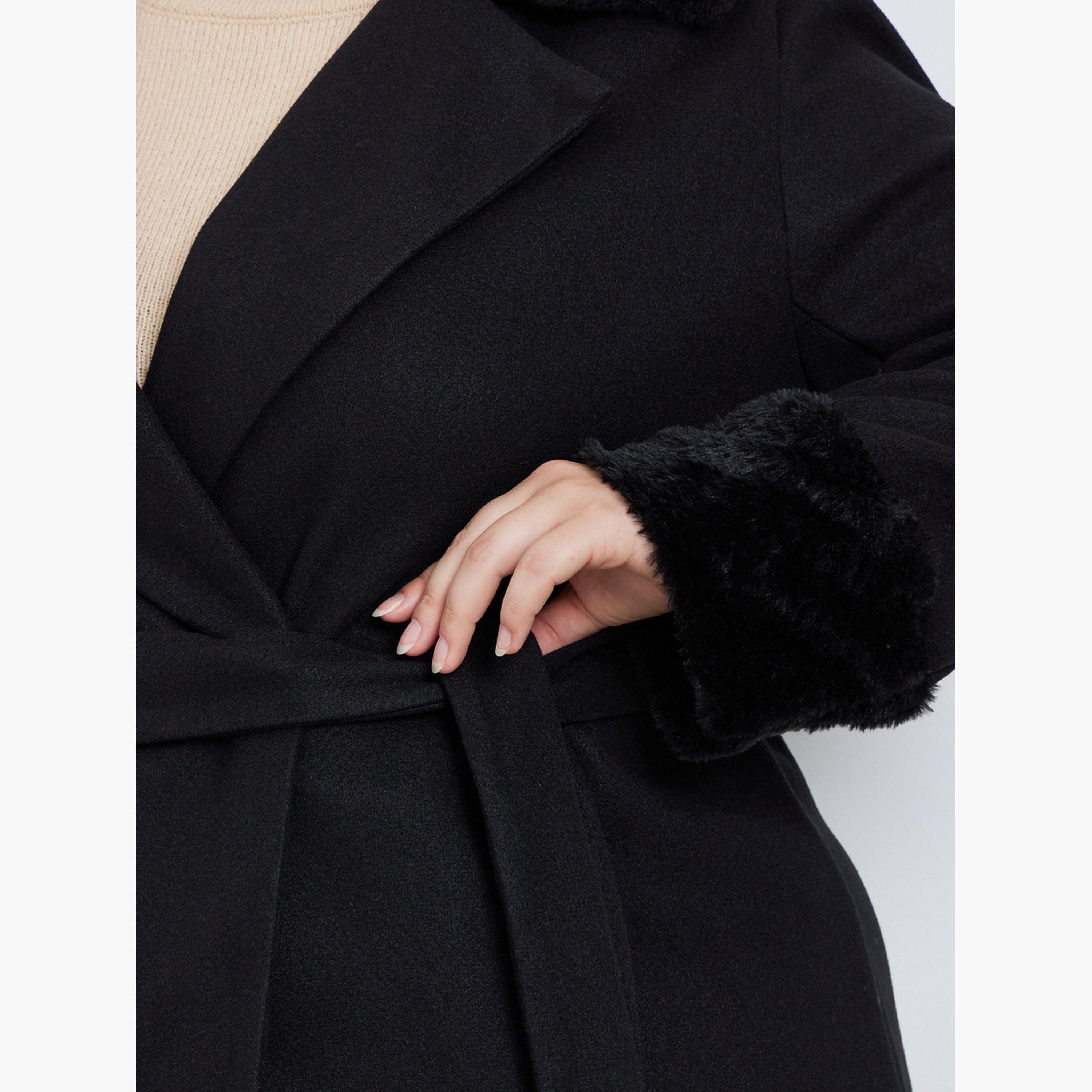 Styli Women Plus Size Black Wool Like Belted Coat with Fur Trim-women-winterwear-coatsandjackets-coats-image-4