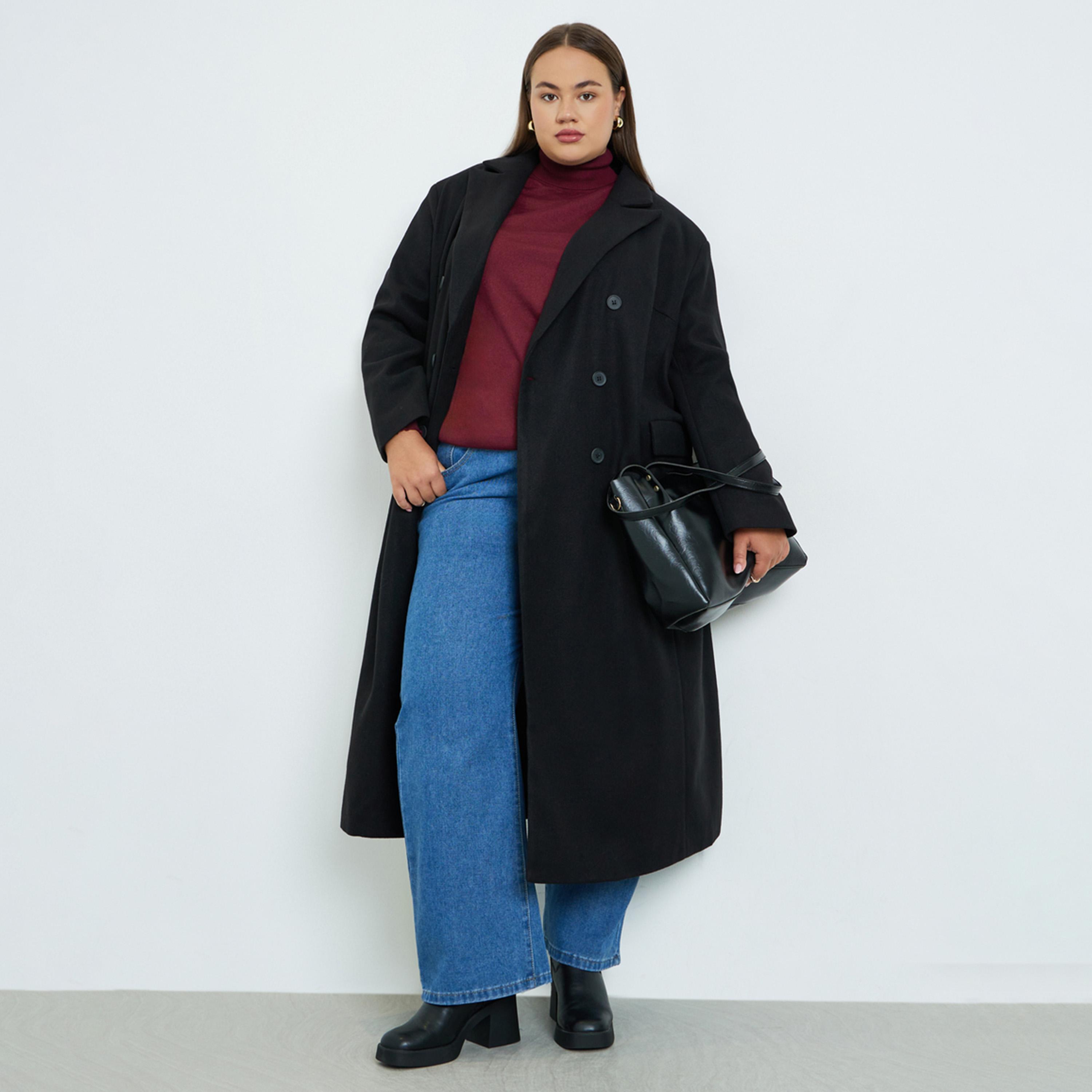 ستايلي - معطف أسود طويل مزدوج الصدر بحجم كبير-women-clothing-coatsandjackets-coats-image-1