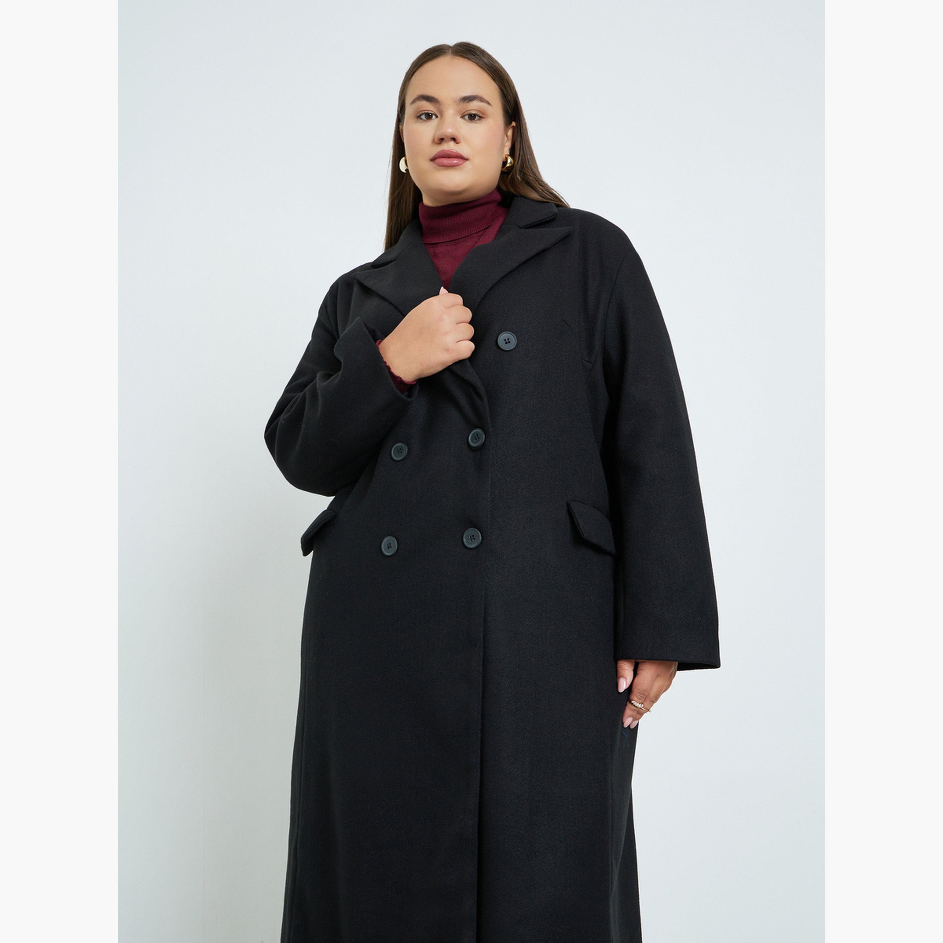 ستايلي - معطف أسود طويل مزدوج الصدر بحجم كبير-women-clothing-coatsandjackets-coats-image-2