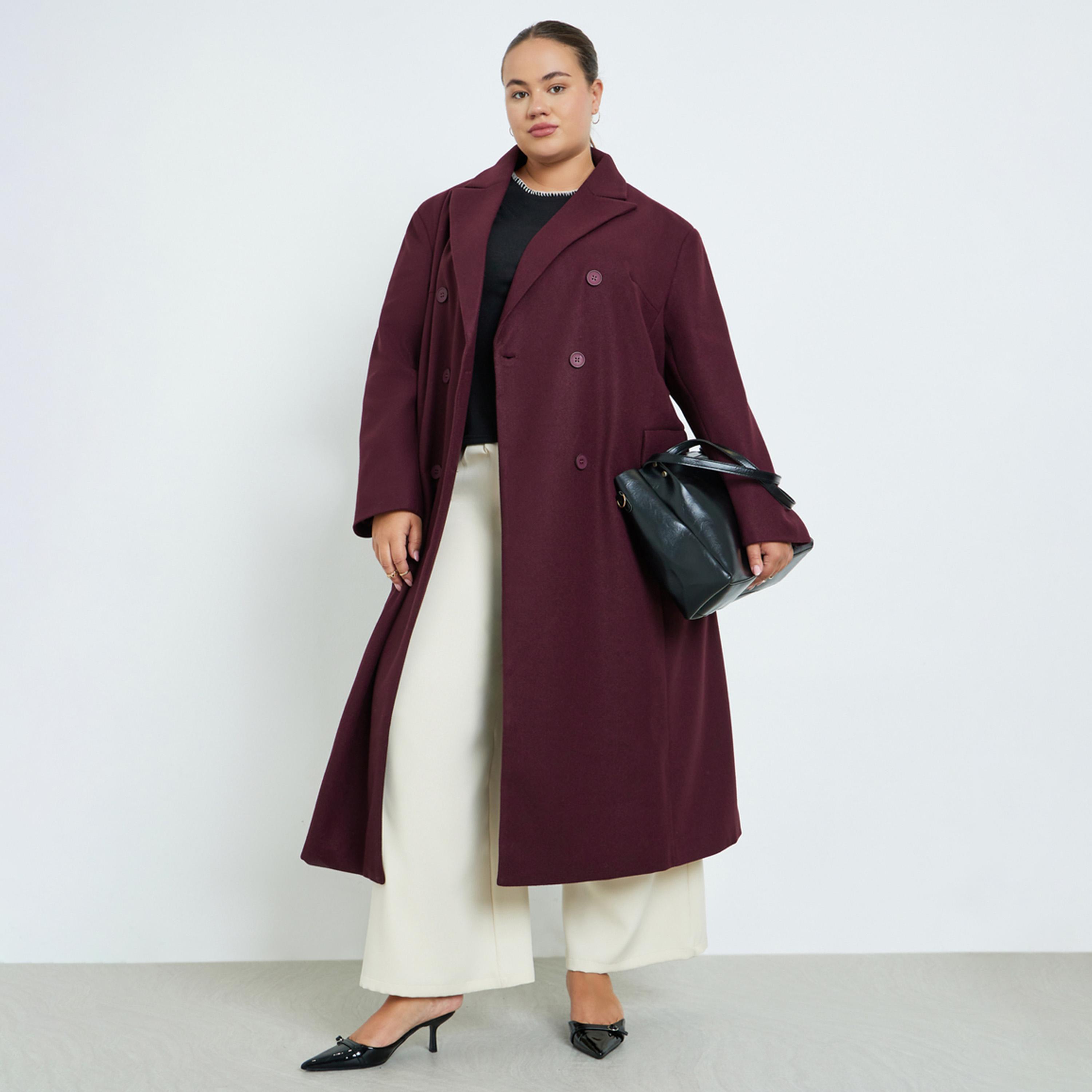Styli Women Plus Size Burgundy Double Breasted Longline Coat-women-clothing-coatsandjackets-coats-image-1