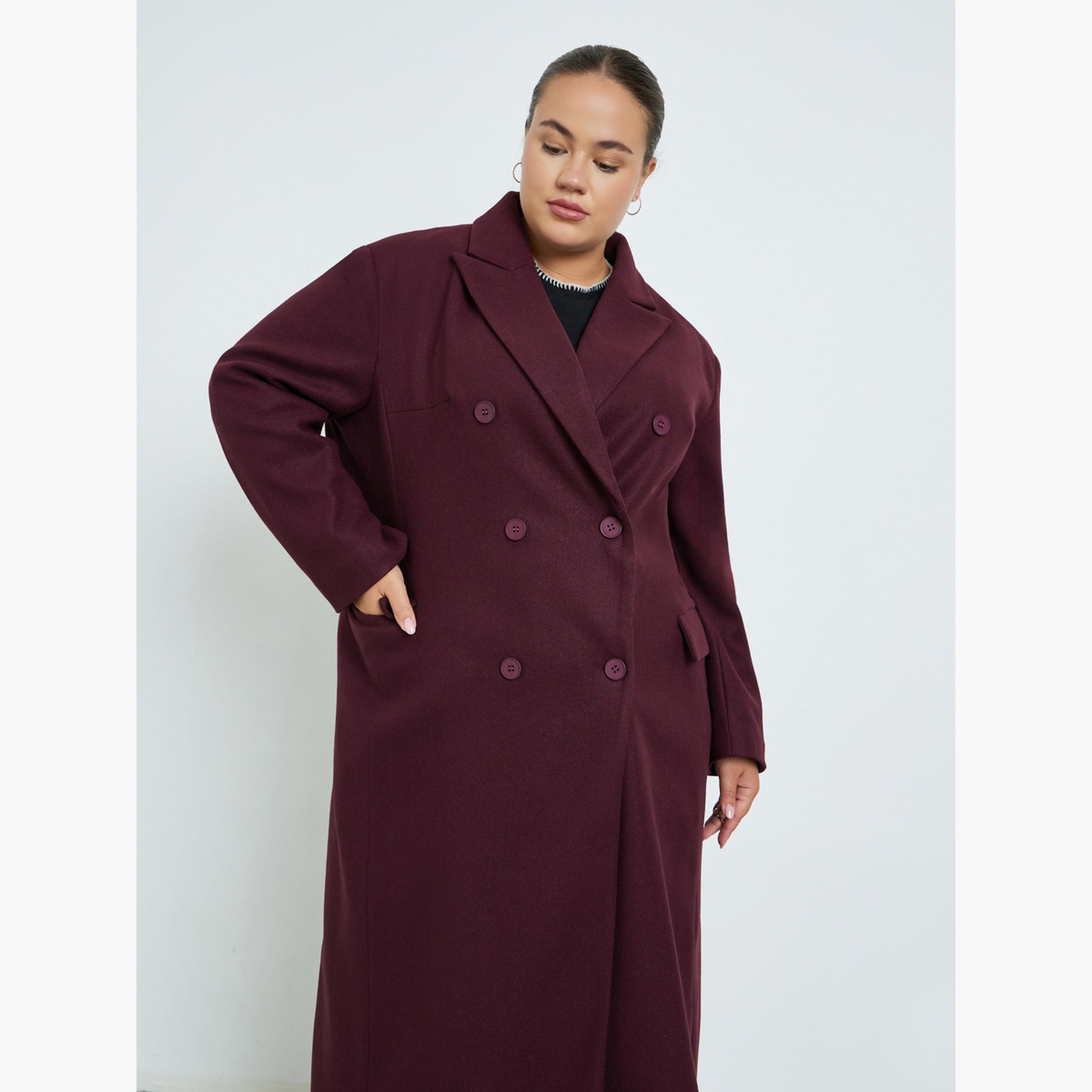 Styli Women Plus Size Burgundy Double Breasted Longline Coat-women-clothing-coatsandjackets-coats-image-2
