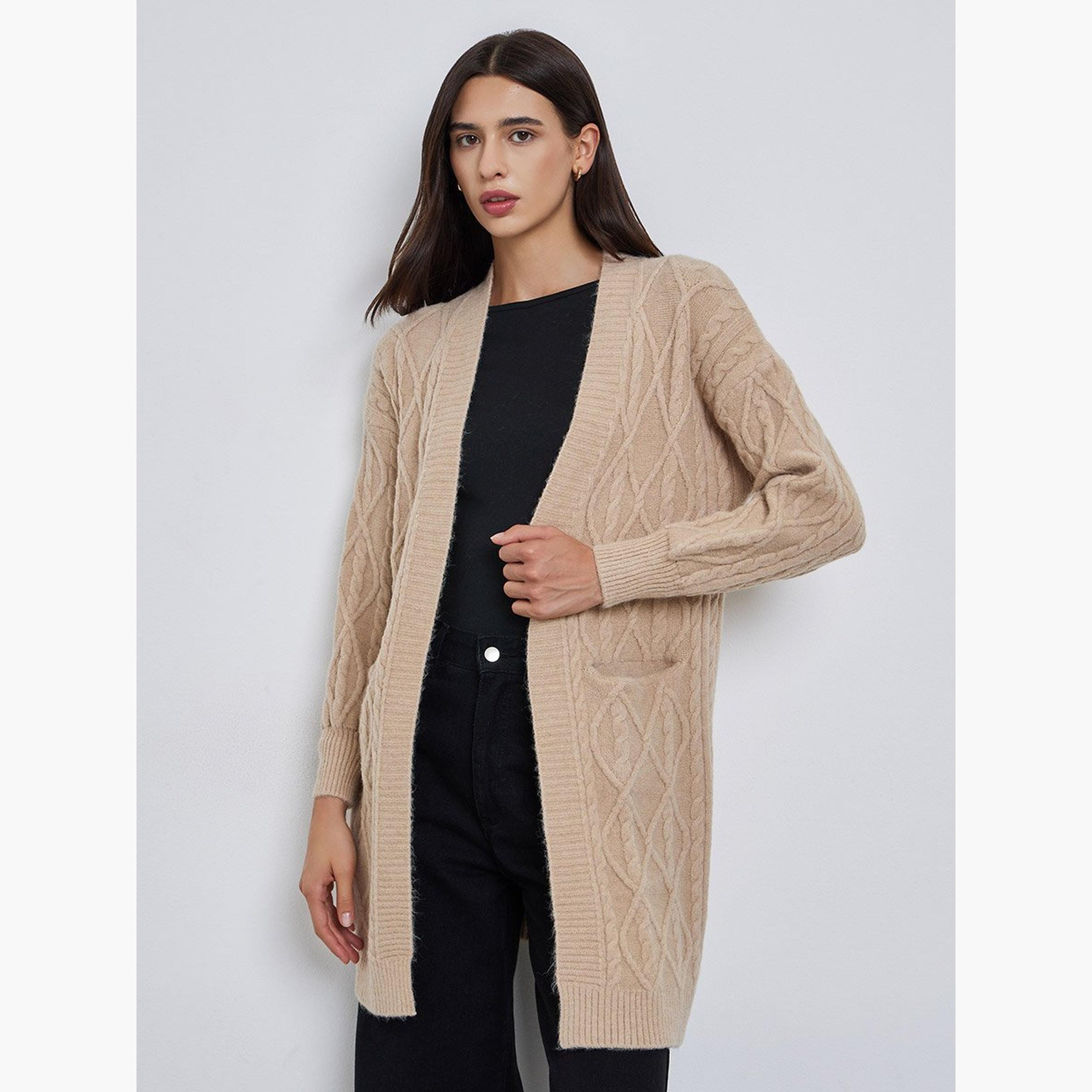 Take Two Beige Knitted Knee Length Cardigan Sweater-women-clothing-coatsandjackets-coats-image-1