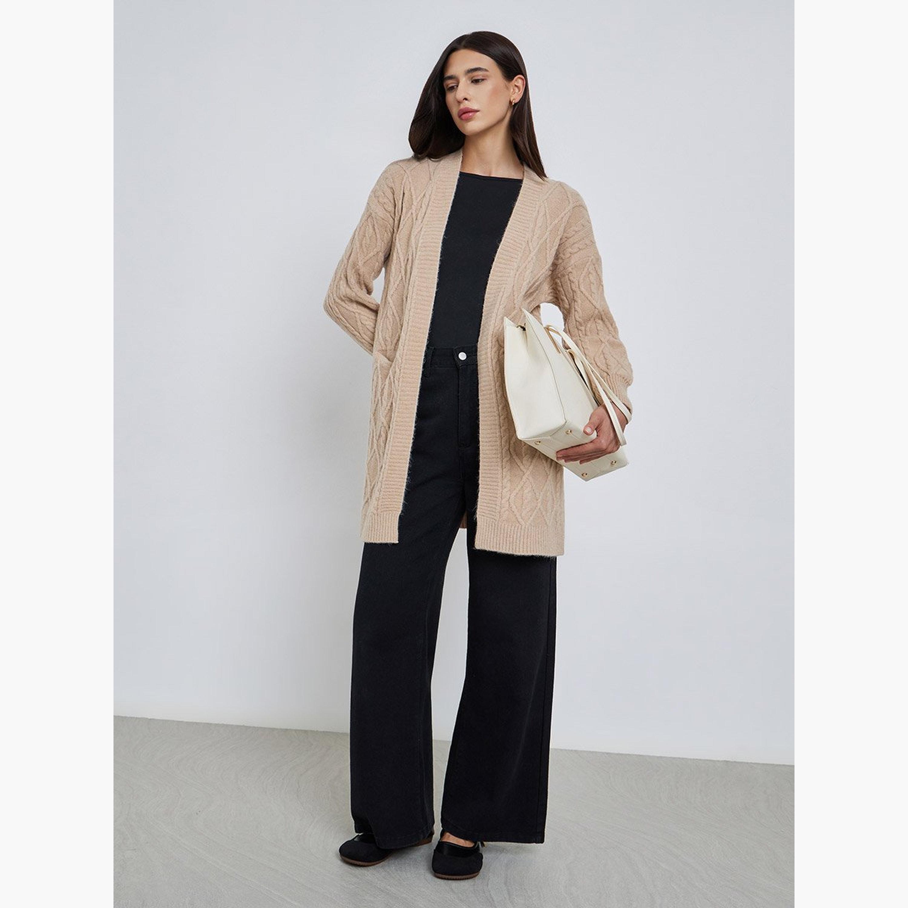 تيك تو - كارديغان محبوكة باللون البيج بطول الركبة-women-clothing-coatsandjackets-coats-image-2