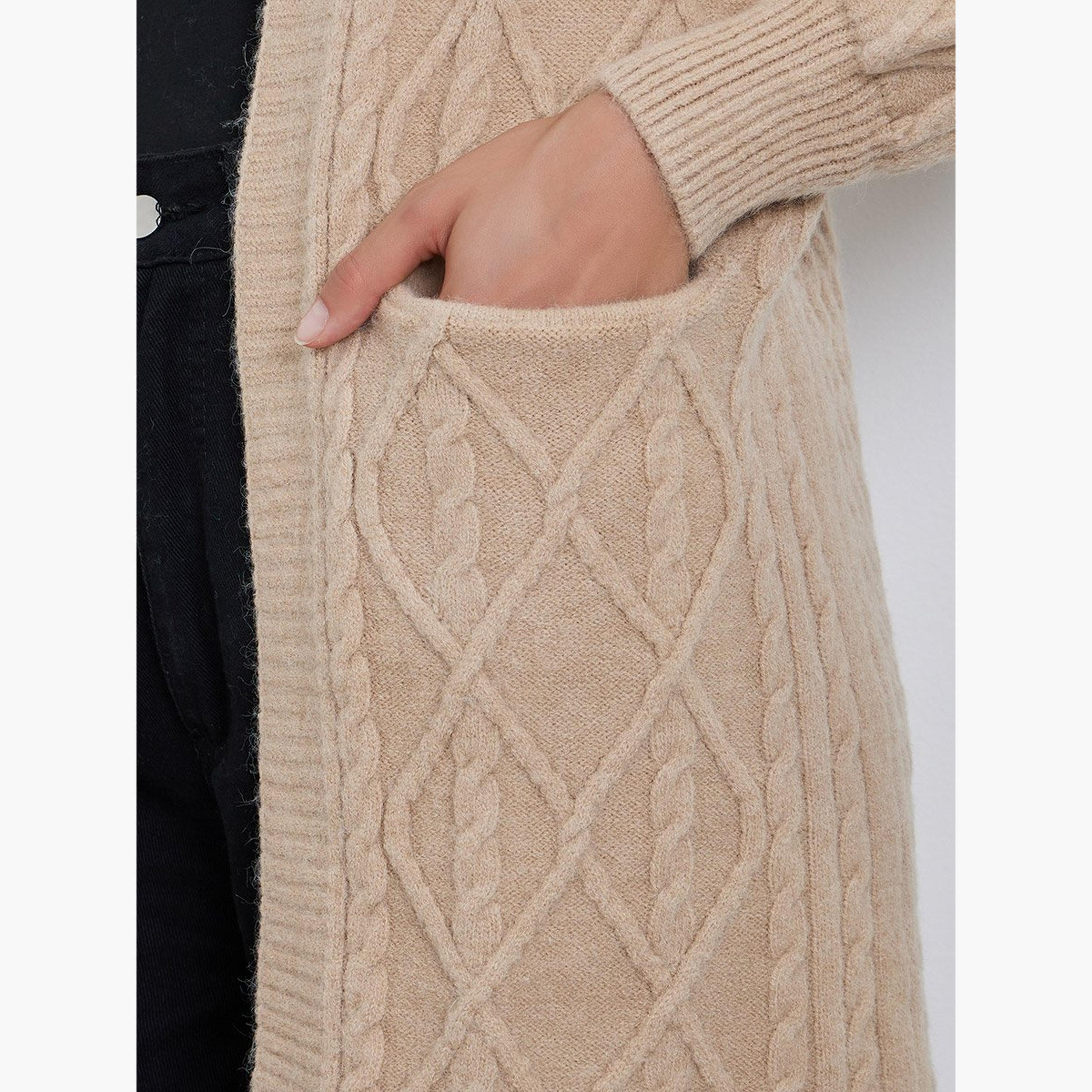 Take Two Beige Knitted Knee Length Cardigan Sweater-women-clothing-coatsandjackets-coats-image-3