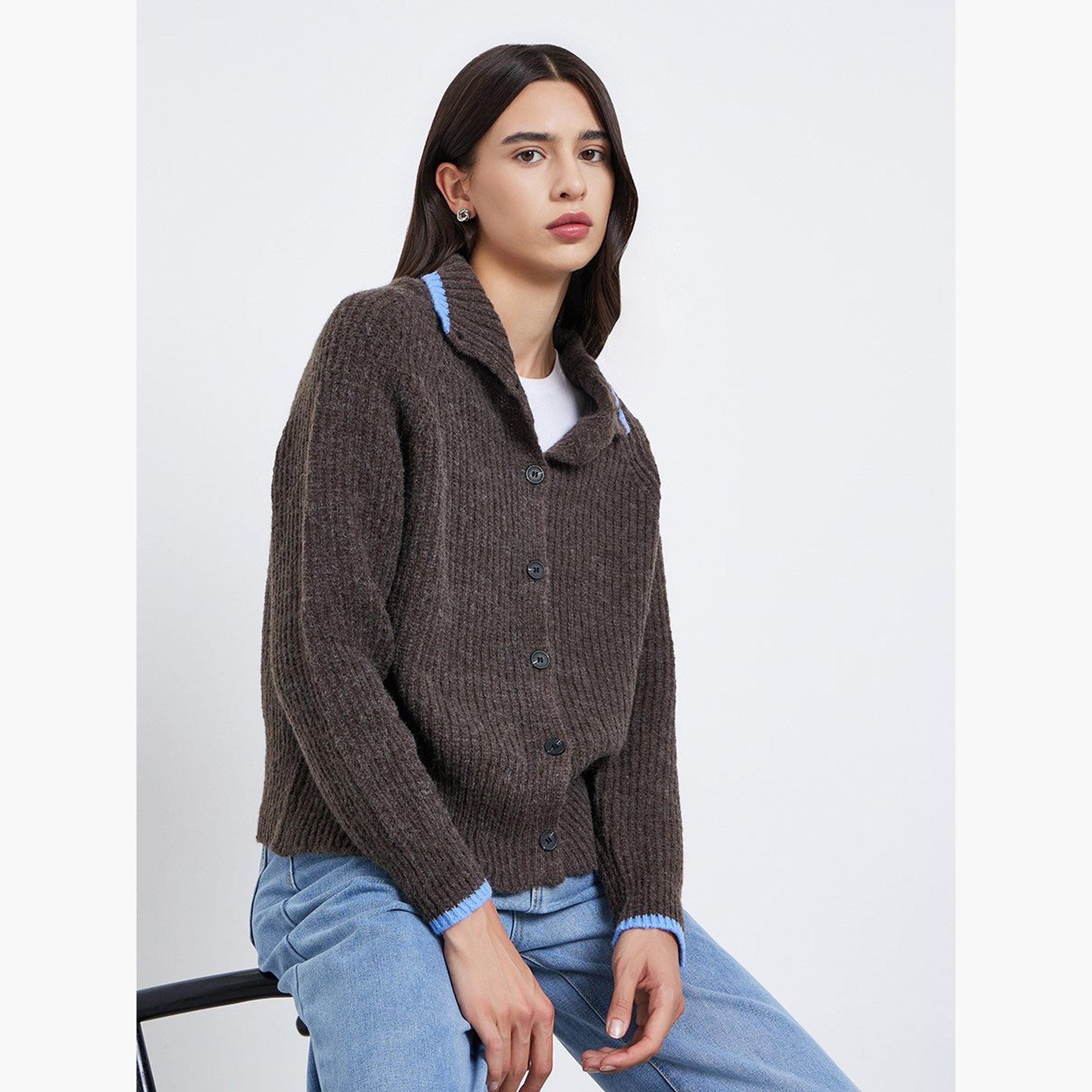 Take Two Women Ribbed Knit Cardigan with Contrast Trim-women-winterwear-cardigansandjumpers-cardigans-image-1