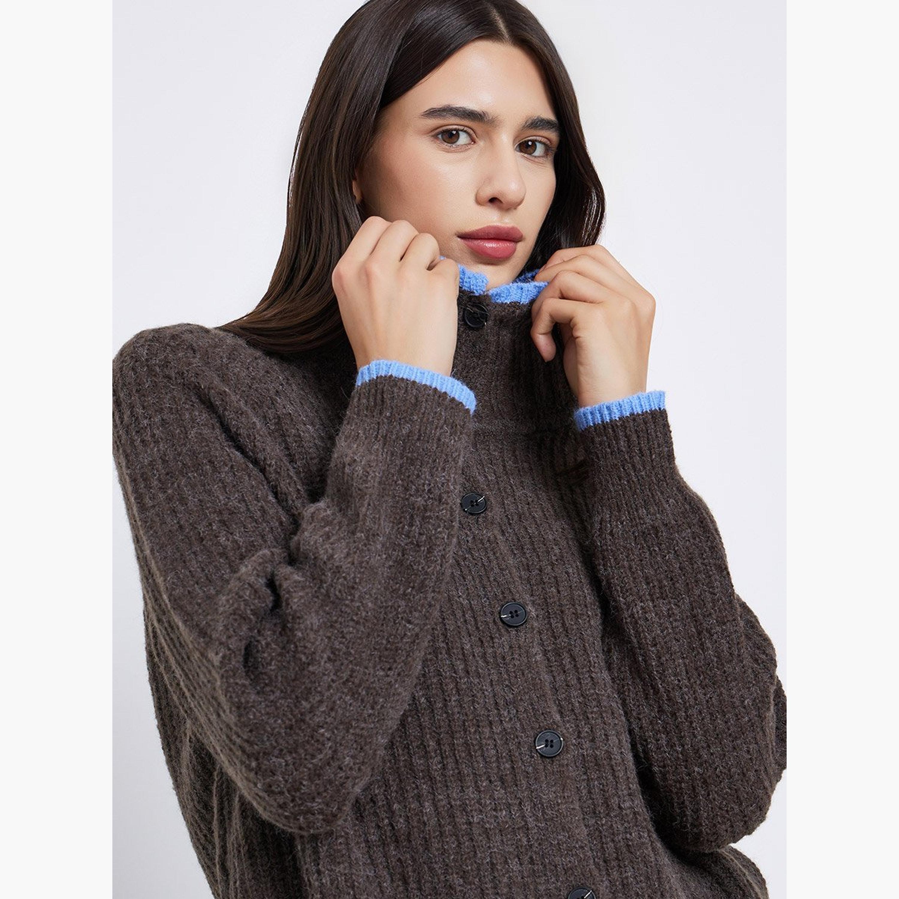 تيك تو - كارديغان للنساء محبوك مضلع مع حواف متباينة-women-winterwear-cardigansandjumpers-cardigans-image-3