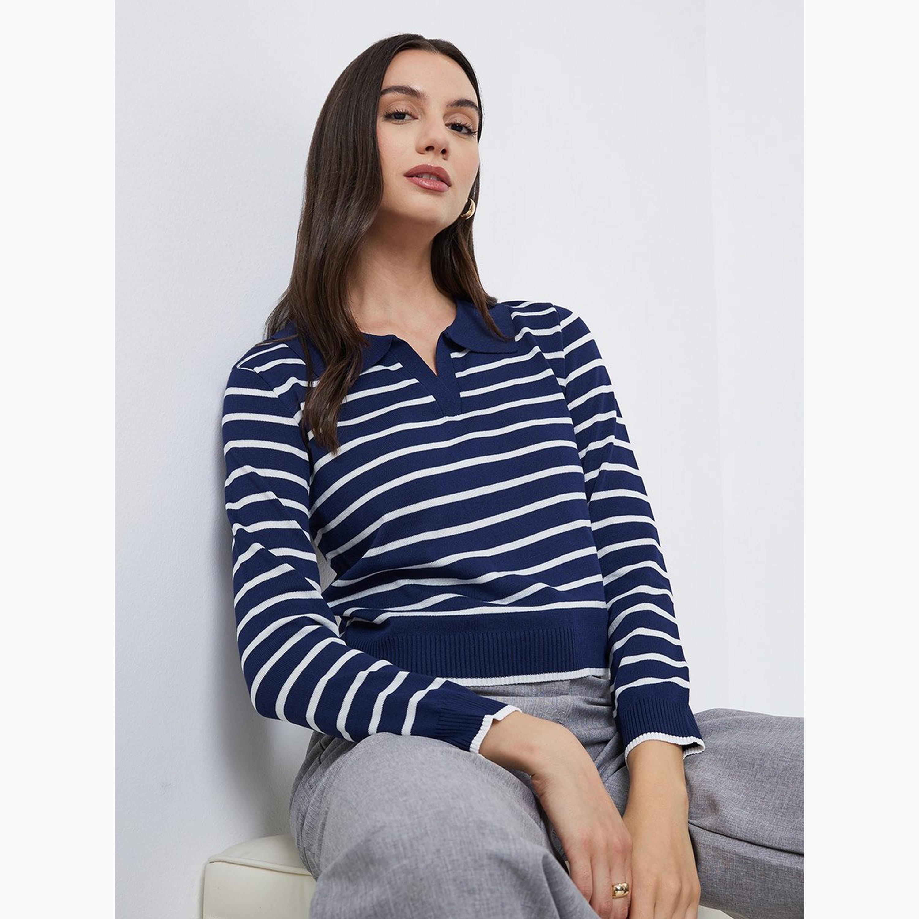 تيك تو - سترة بولو مخططة باللون الأزرق البحري-women-winterwear-cardigansandjumpers-jumpers-image-1