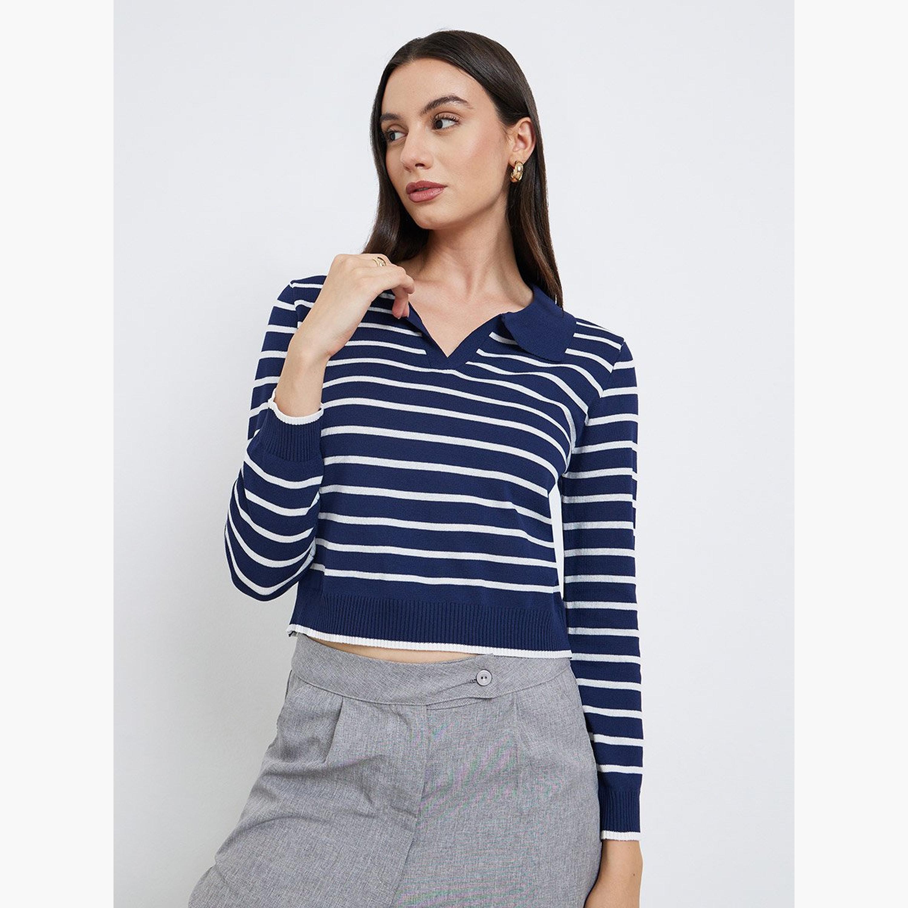 تيك تو - سترة بولو مخططة باللون الأزرق البحري-women-winterwear-cardigansandjumpers-jumpers-image-3