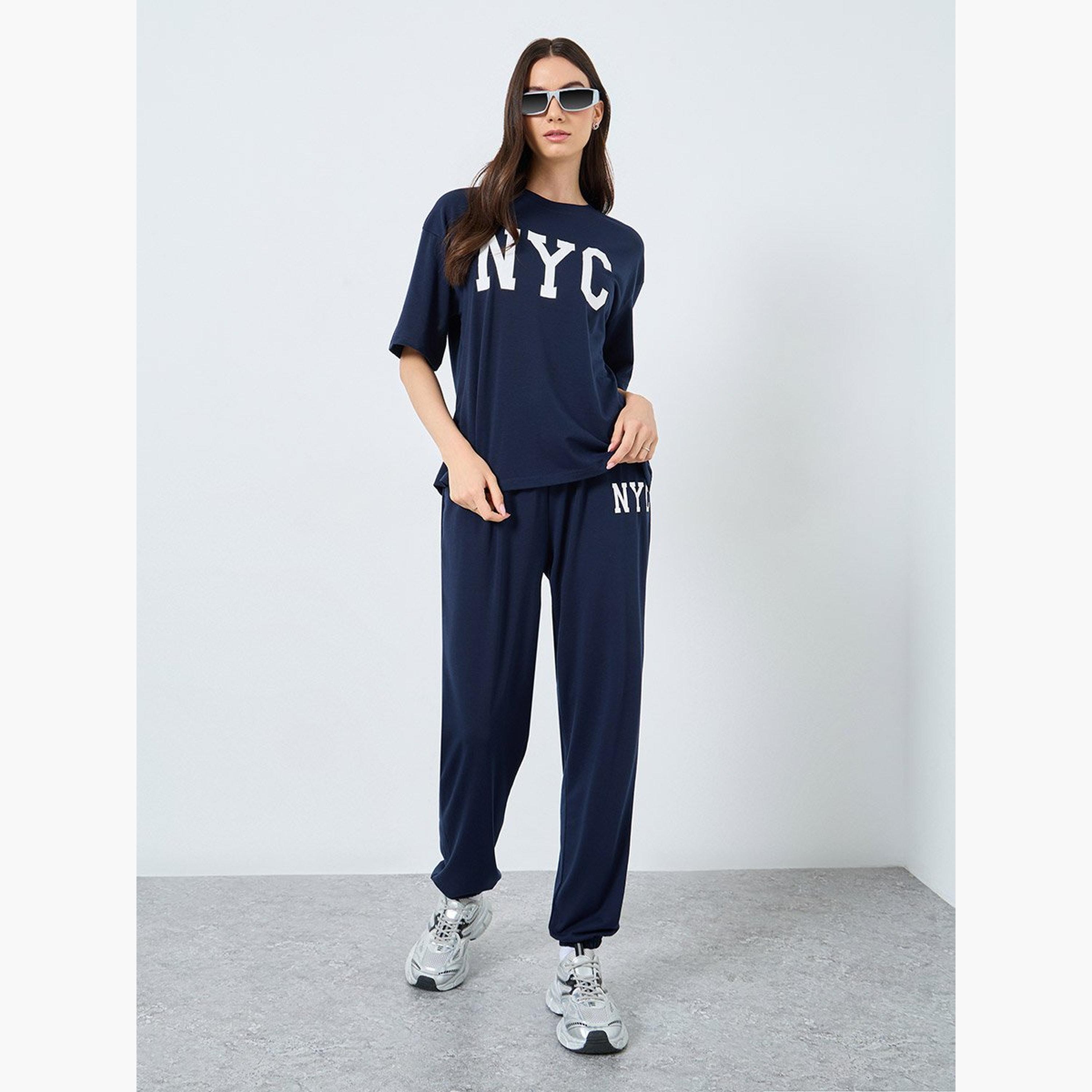 Take Two Dark Blue NYC Print T-Shirt and Joggers Co-Ords-women-clothing-coordsets-image-1