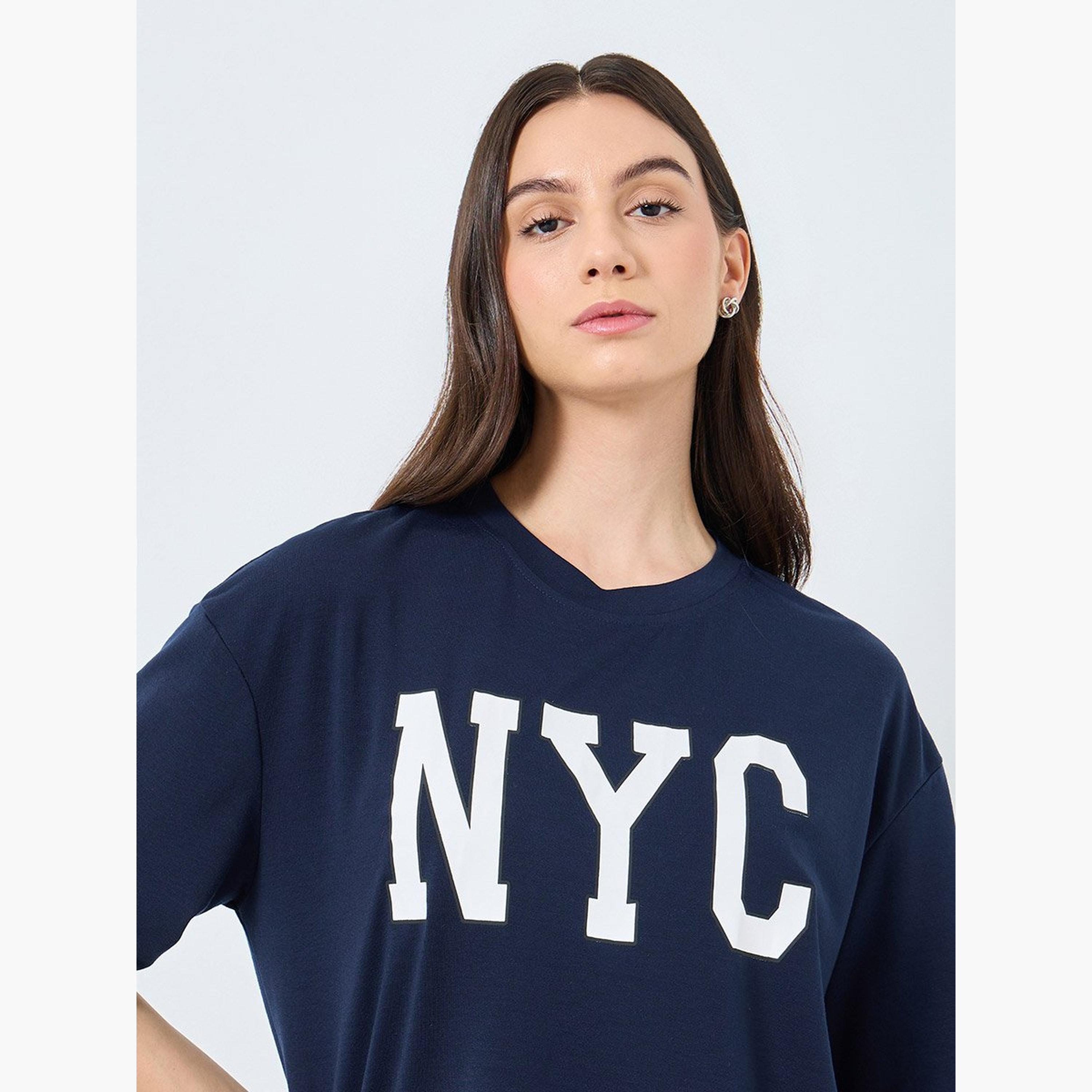 Take Two Dark Blue NYC Print T-Shirt and Joggers Co-Ords-women-clothing-coordsets-image-3