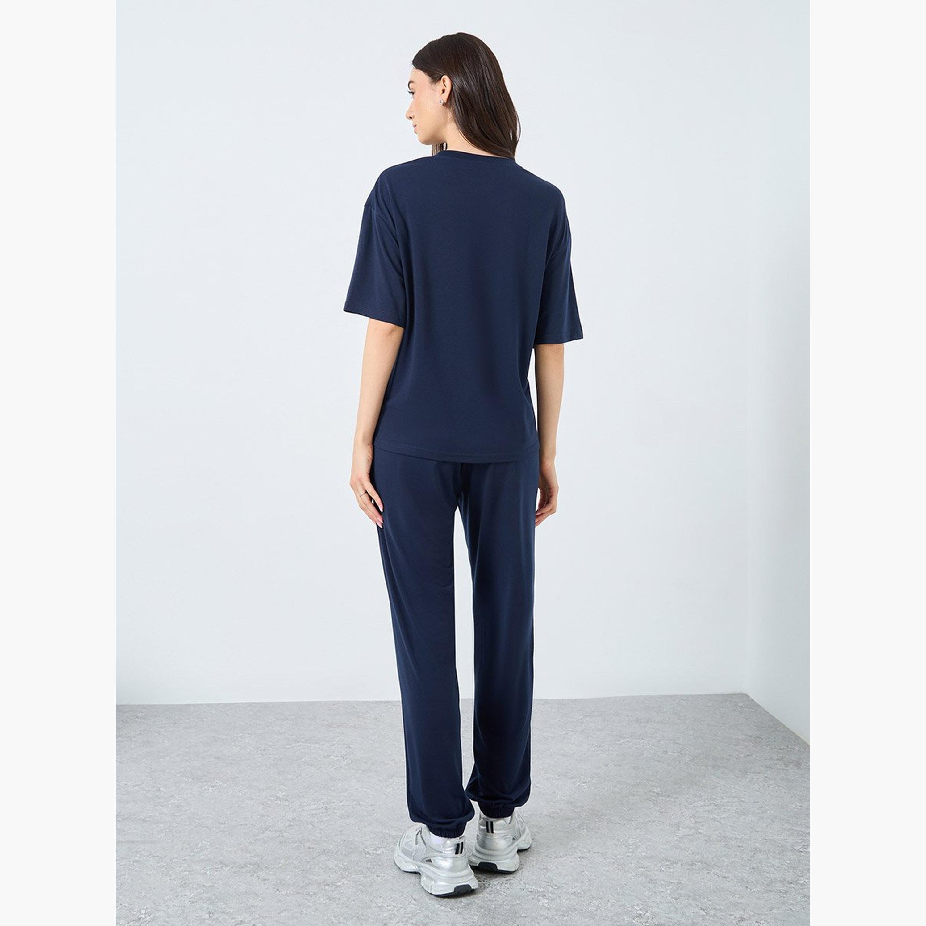 Take Two Dark Blue NYC Print T-Shirt and Joggers Co-Ords-women-clothing-coordsets-image-4