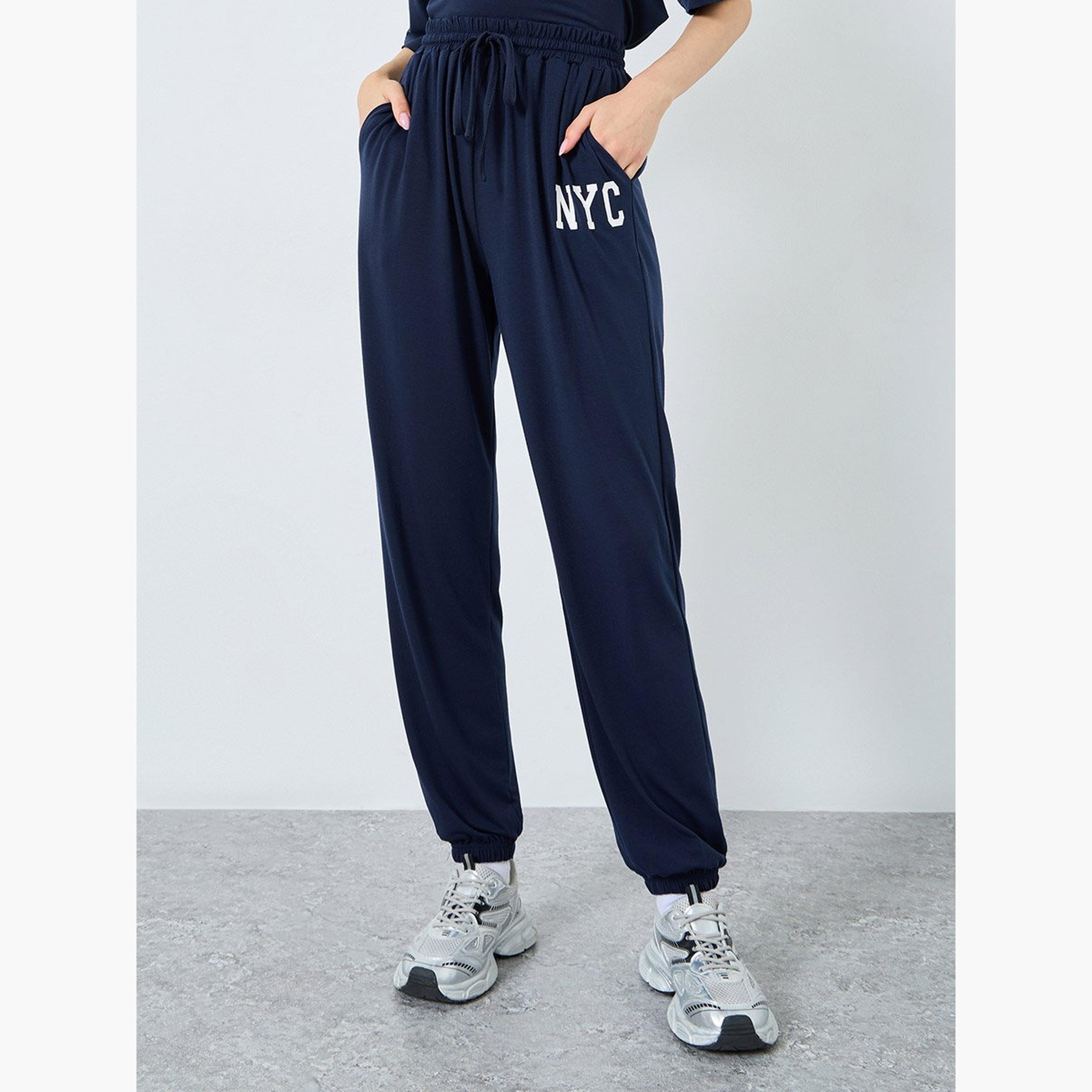 Take Two Dark Blue NYC Print T-Shirt and Joggers Co-Ords-women-clothing-coordsets-image-5