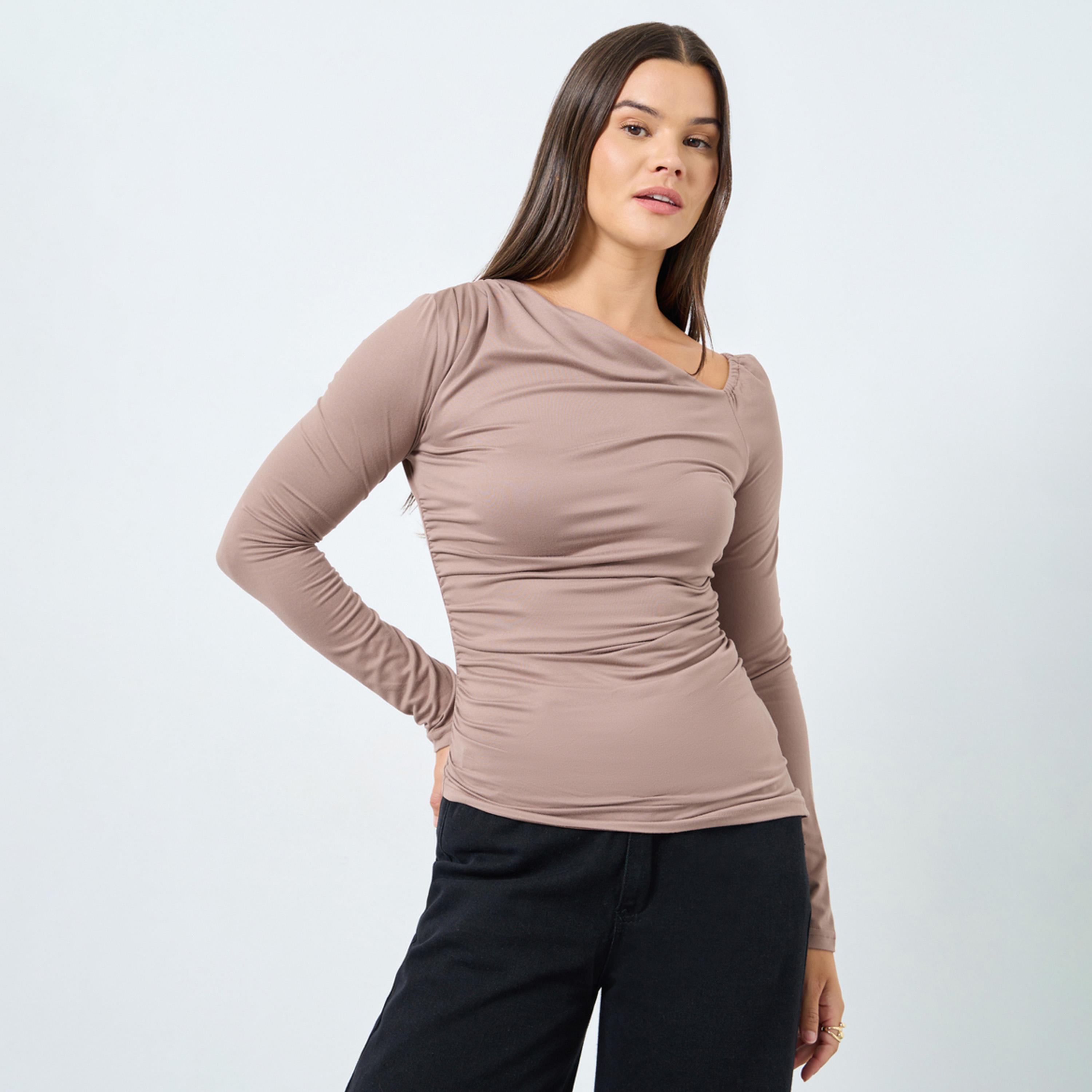 ستايلي - بلوزة محبوكة بنية اللون برقبة غير متماثلة-women-clothing-shirtsandblouses-blouses-image-1