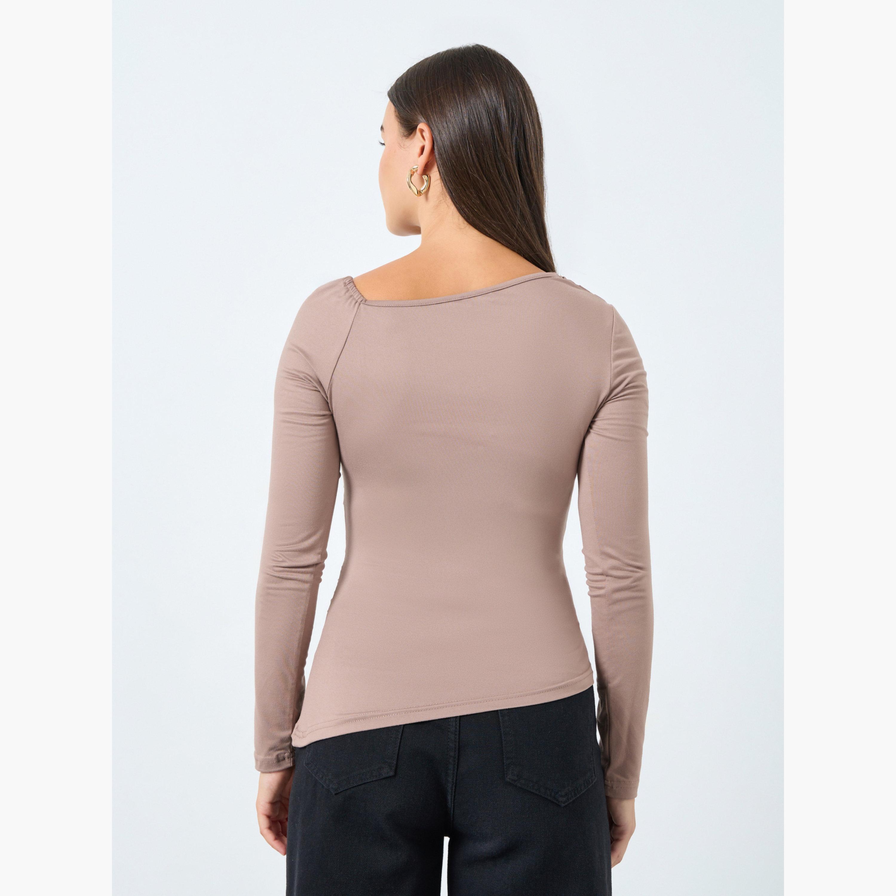 Styli Brown Asymmetric Neck Fitted Knit Top-women-clothing-shirtsandblouses-blouses-image-4
