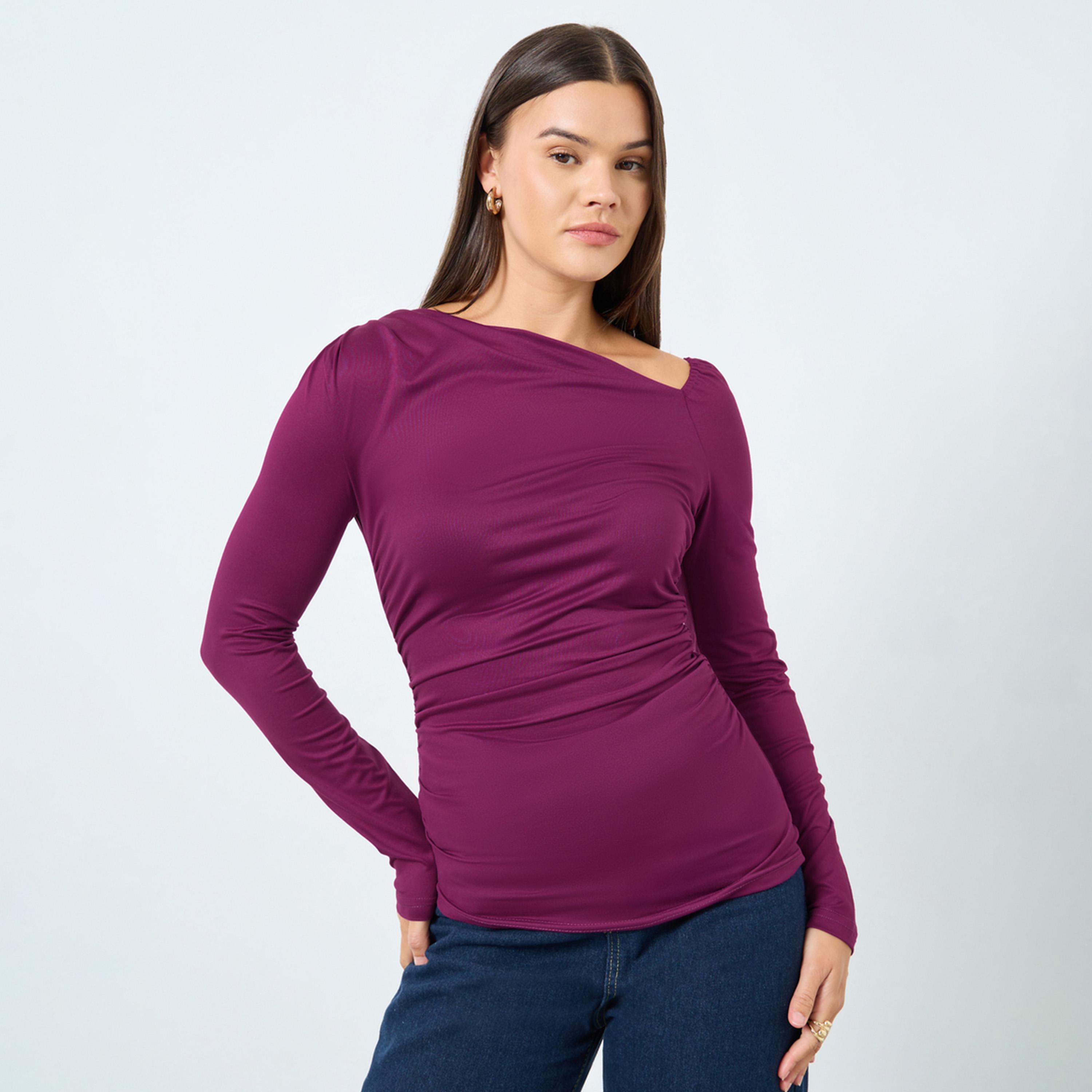 ستايلي - بلوزة محبوكة أرجوانية برقبة غير متماثلة-women-clothing-shirtsandblouses-blouses-image-1