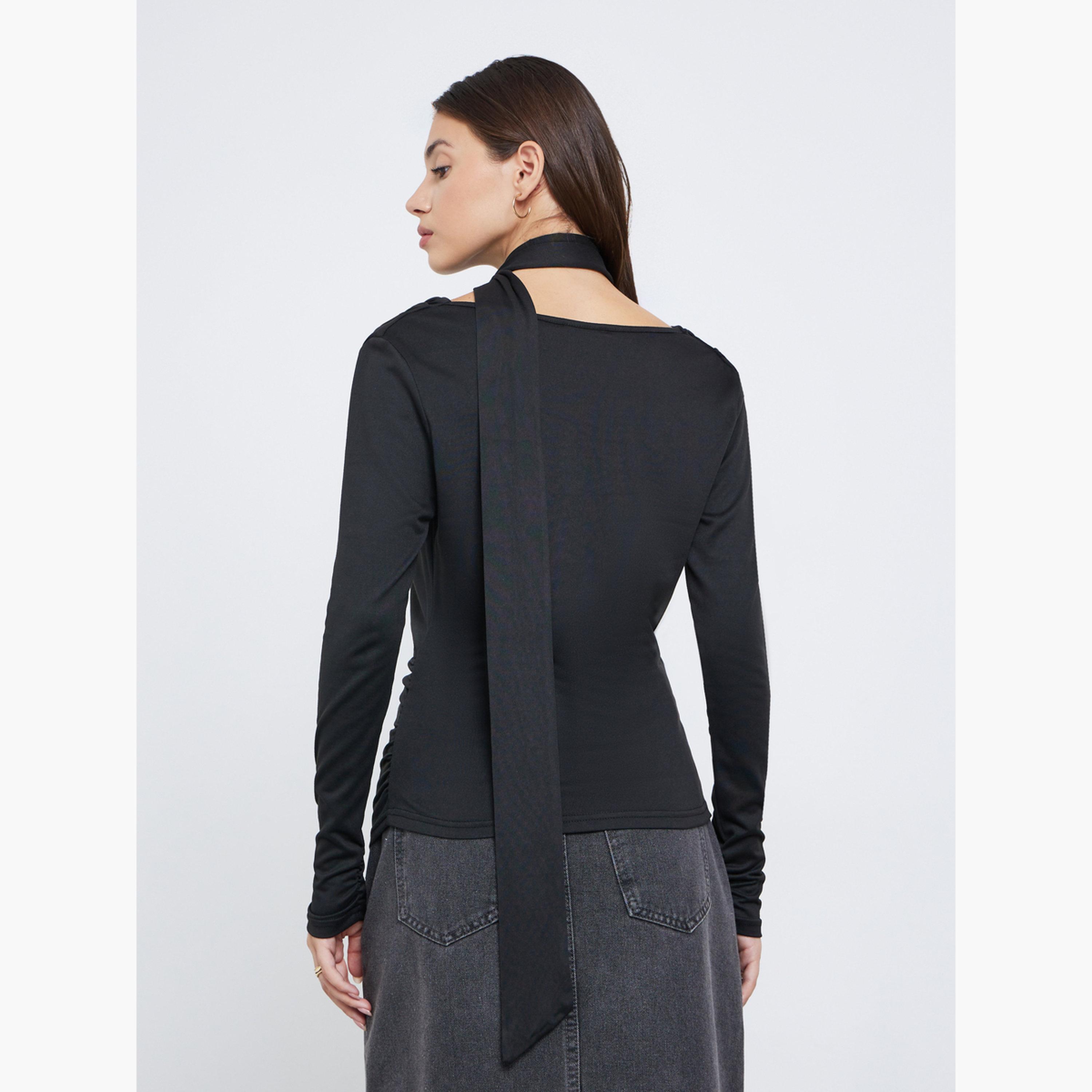 Styli Black Cowl Neck Knit Top with Neck Scarf-women-clothing-shirtsandblouses-blouses-image-4