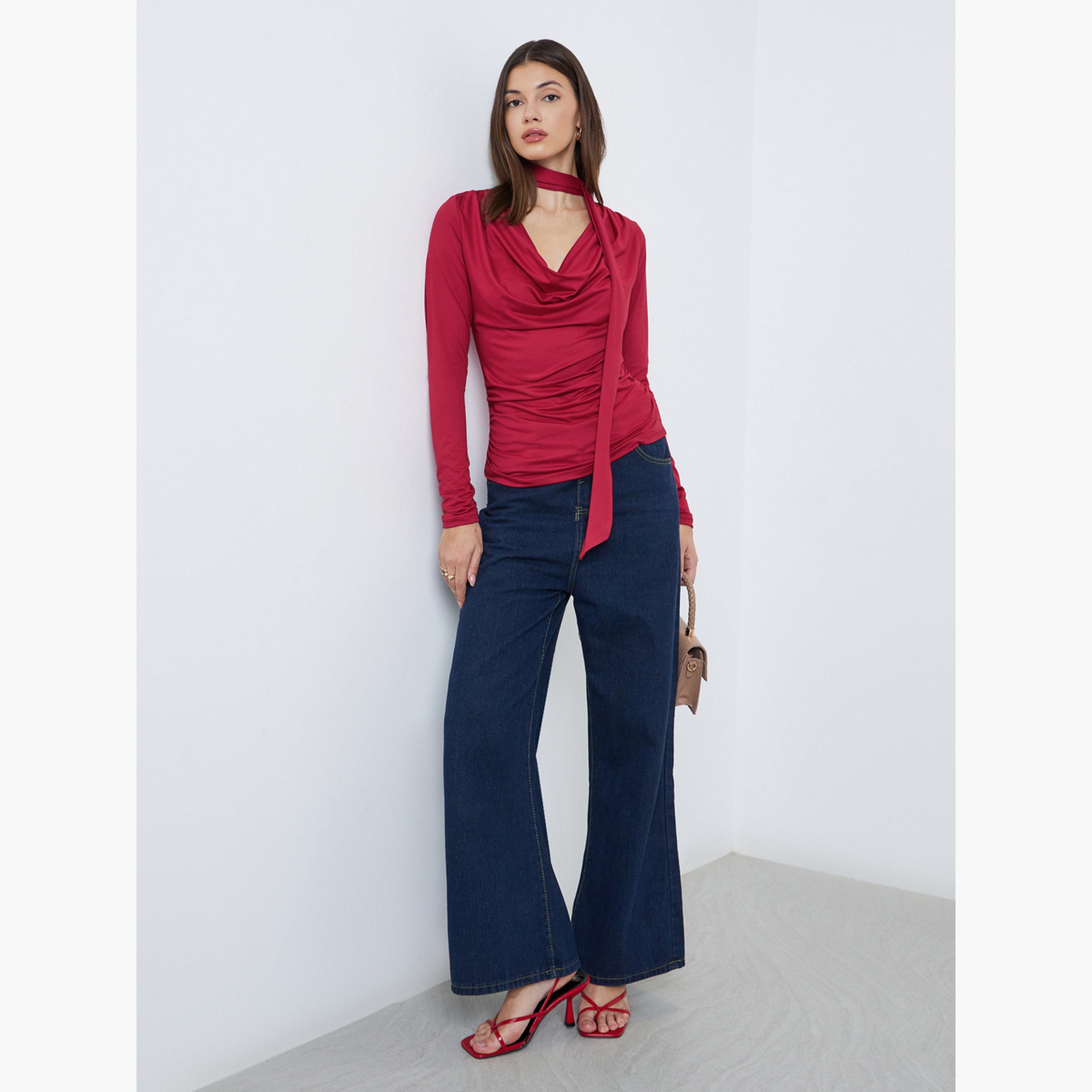 Styli Red Cowl Neck Knit Top with Neck Scarf-women-clothing-shirtsandblouses-blouses-image-2