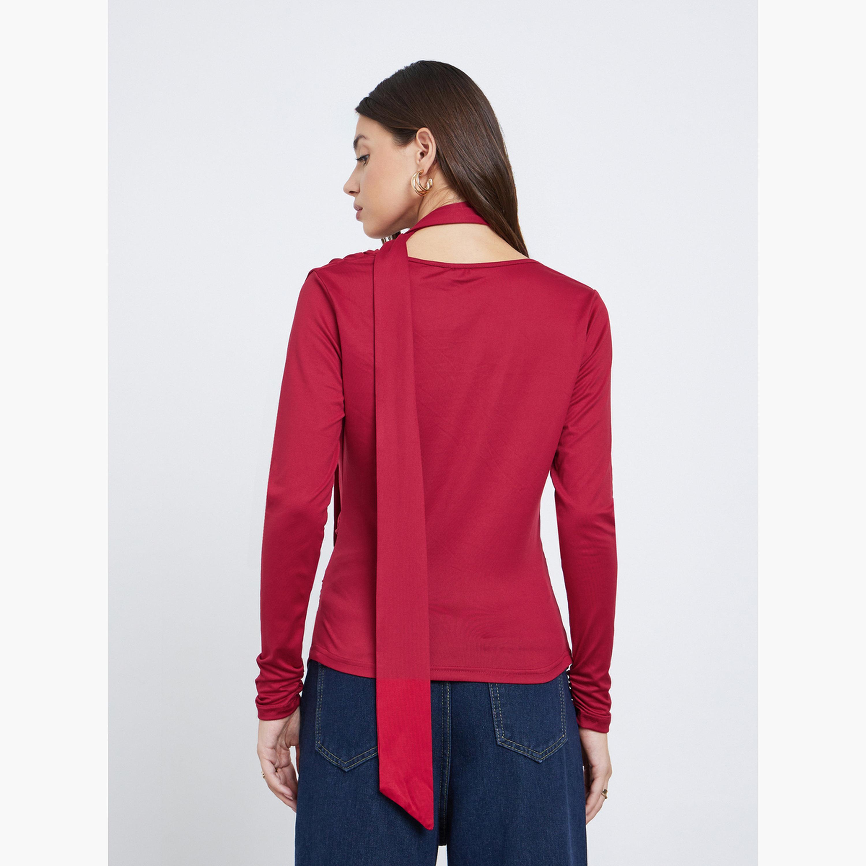 Styli Red Cowl Neck Knit Top with Neck Scarf-women-clothing-shirtsandblouses-blouses-image-4