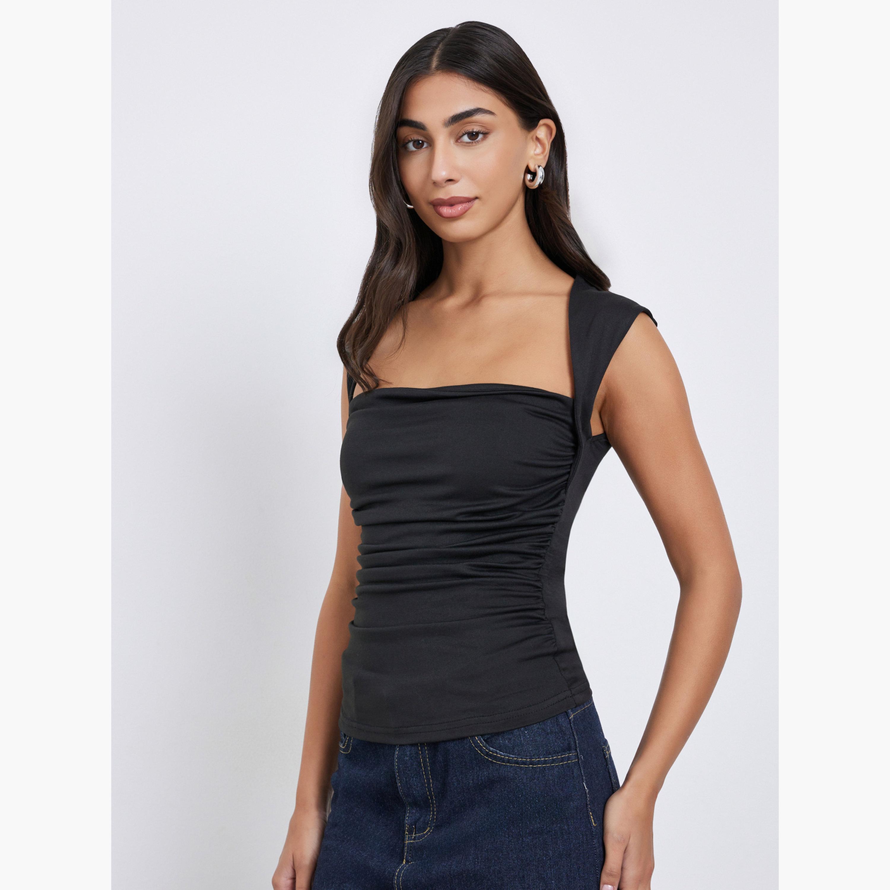 ستايلي - بلوزة محبوكة سوداء بياقة مربعة-women-clothing-tshirts-image-3